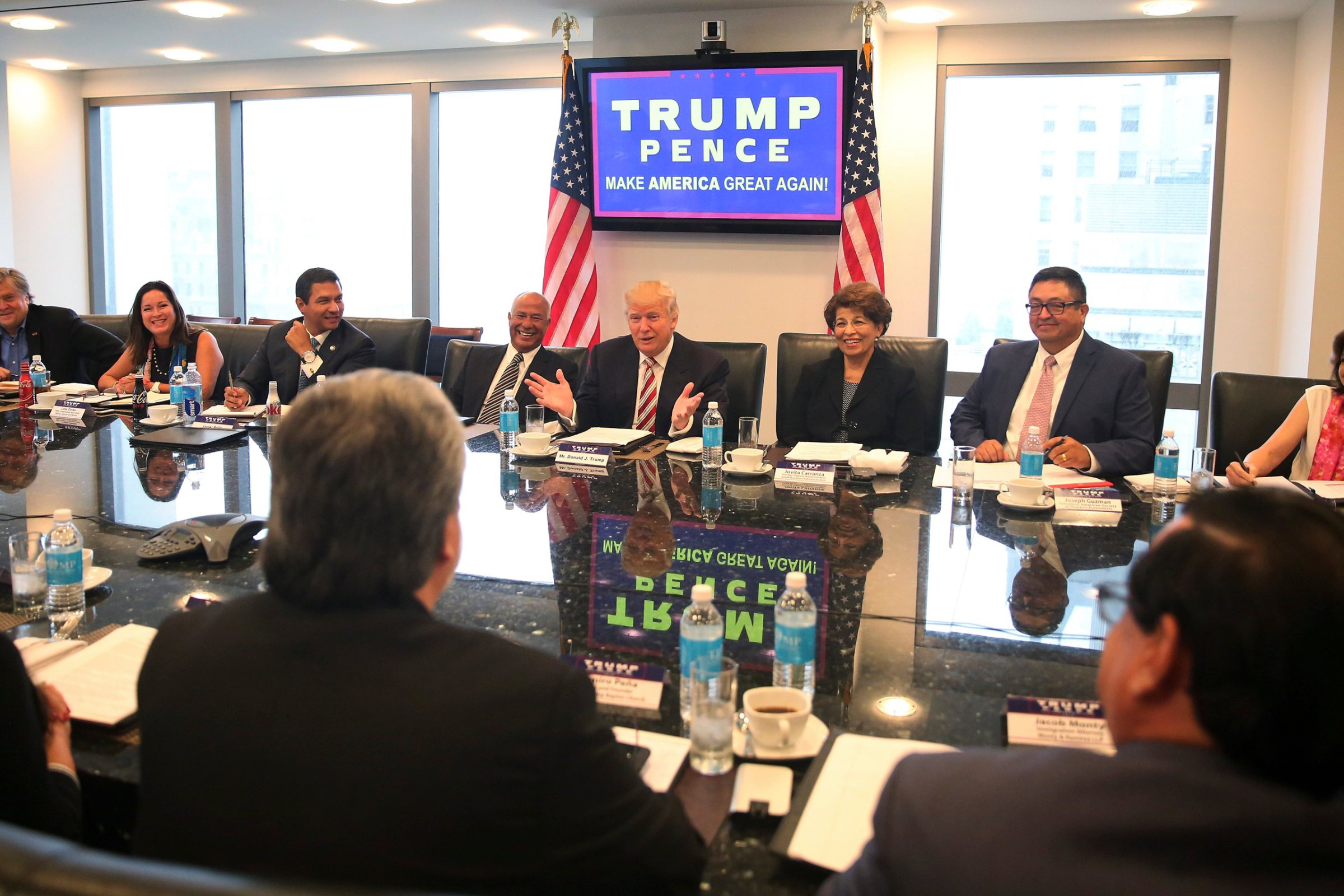Republican presidential nominee Donald Trump speaks during a meeting with his Hispanic Advisory Council at Trump Tower in the Manhattan borough of New York City on Aug. 20, 2016.
