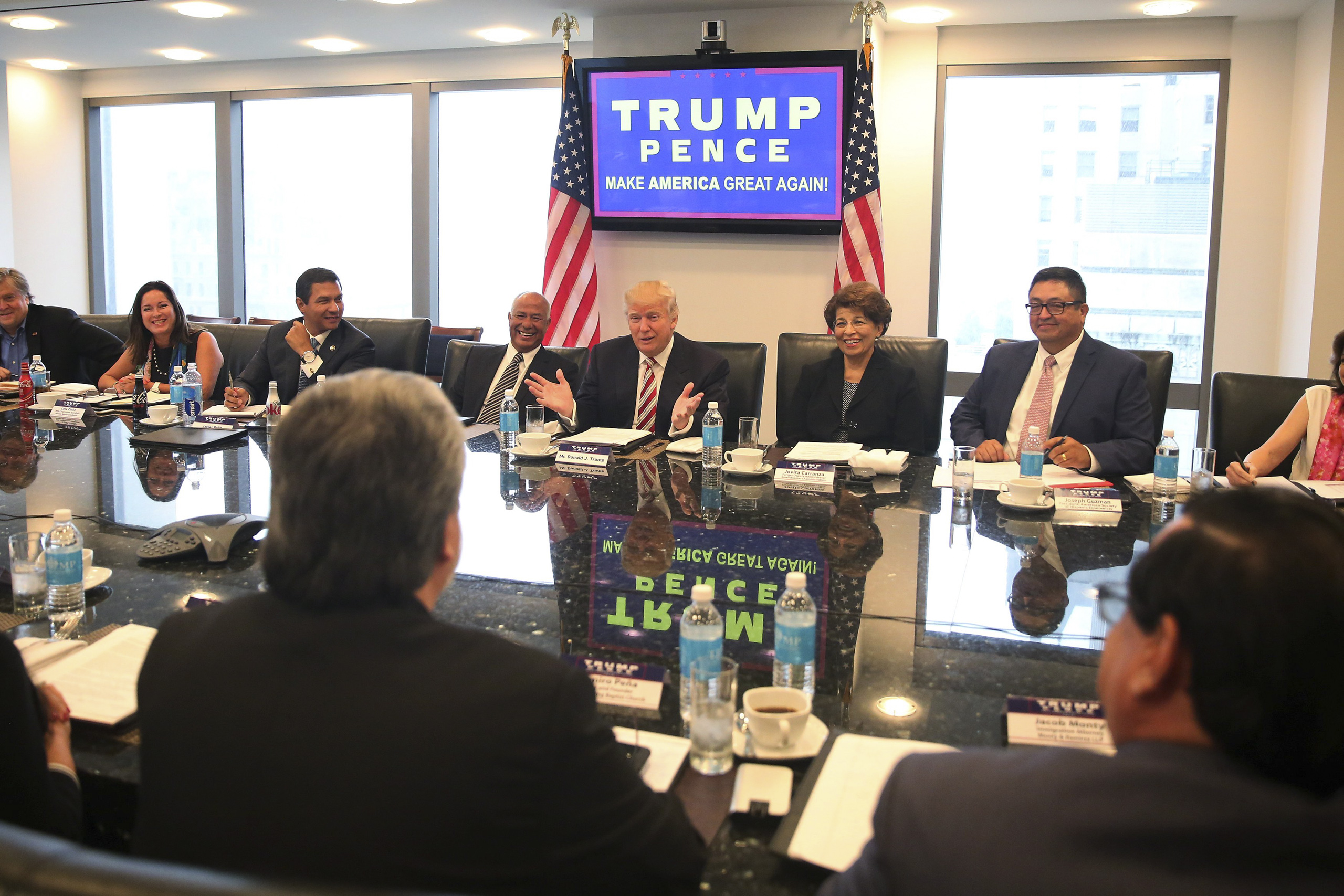 Republican presidential nominee Donald Trump speaks during a meeting with his Hispanic Advisory Council at Trump Tower in the Manhattan borough of New York