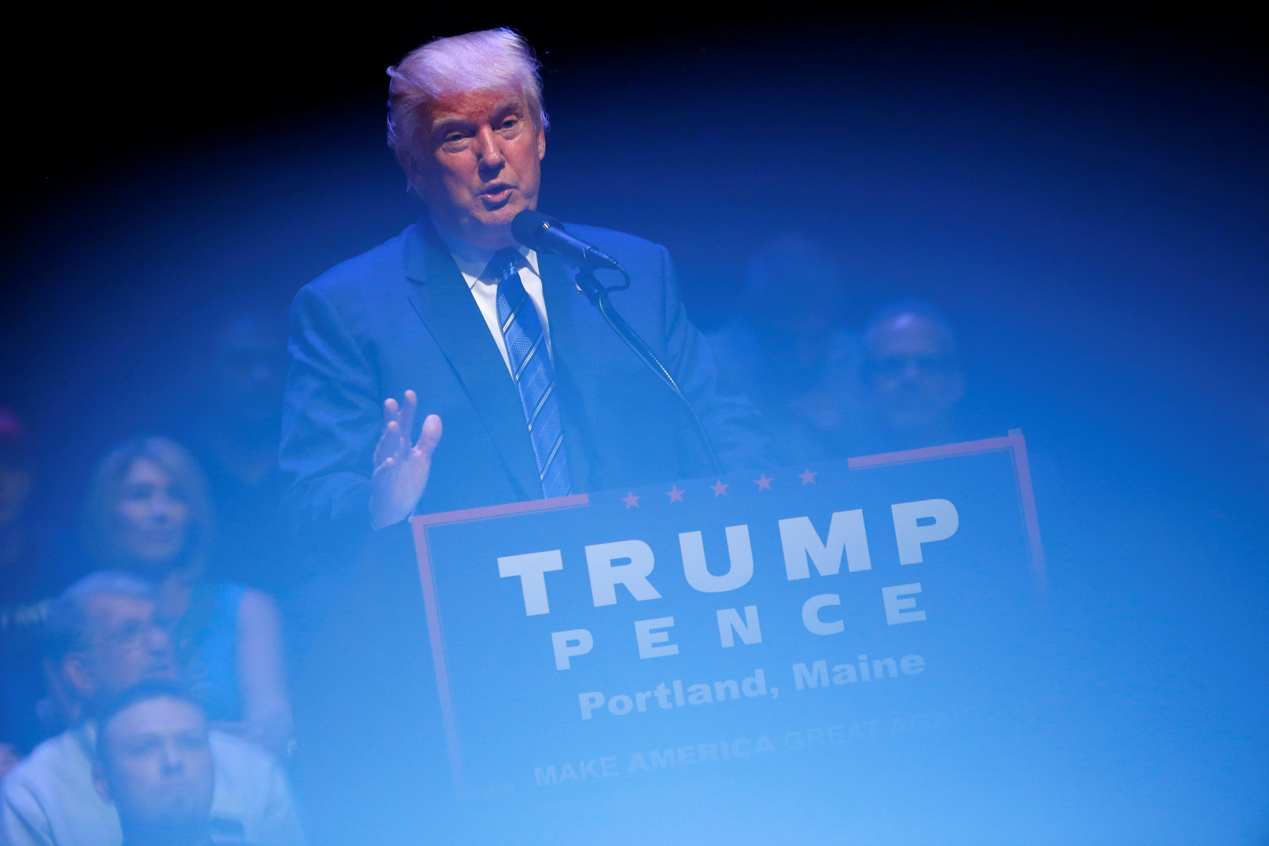 Republican U.S. presidential nominee Donald Trump attends a campaign event at the Merrill Auditorium in Portland, Maine