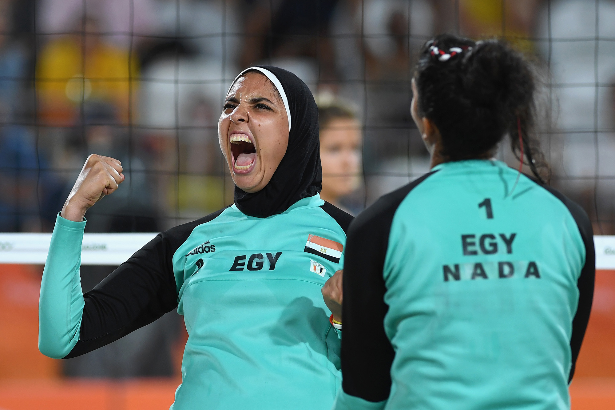 Doaa Elghobashy of Egypt reacts during the Women's Beach Volleyball preliminary round Pool D match against Laura Ludwig and Kira Walkenhorst of Germany on Day 2 of the Rio 2016 Olympic Games at the Beach Volleyball Arena on August 7, 2016 in Rio de Janeiro, Brazil.  (Photo by Shaun Botterill/Getty Images) (Shaun Botterill&mdash;Getty Images)