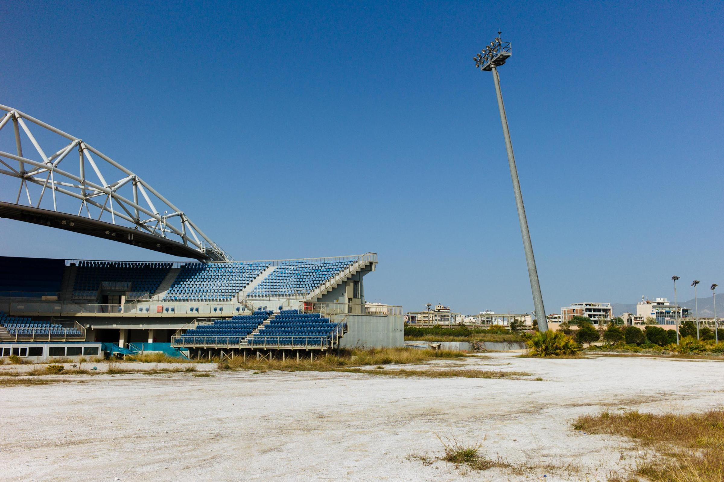 The Faliro Olympic Beach Volleyball Center in Athens, which hosted the 2004 Summer Olympics, photographed in April 2012.