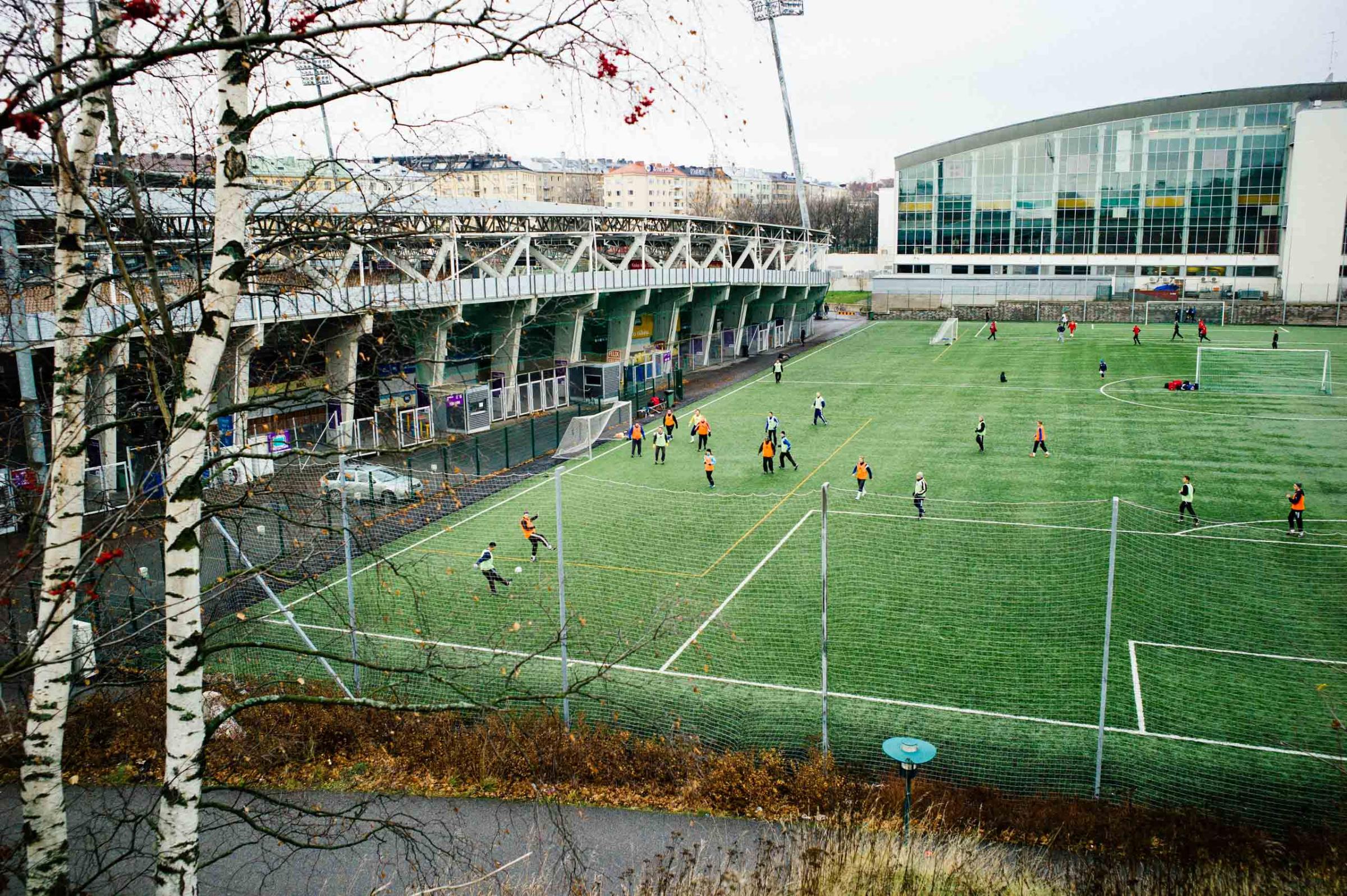 A soccer field as seen from the Olympic stadium in Helsinki, host of the 1952 Summer Olympics, photographed in November 2012.