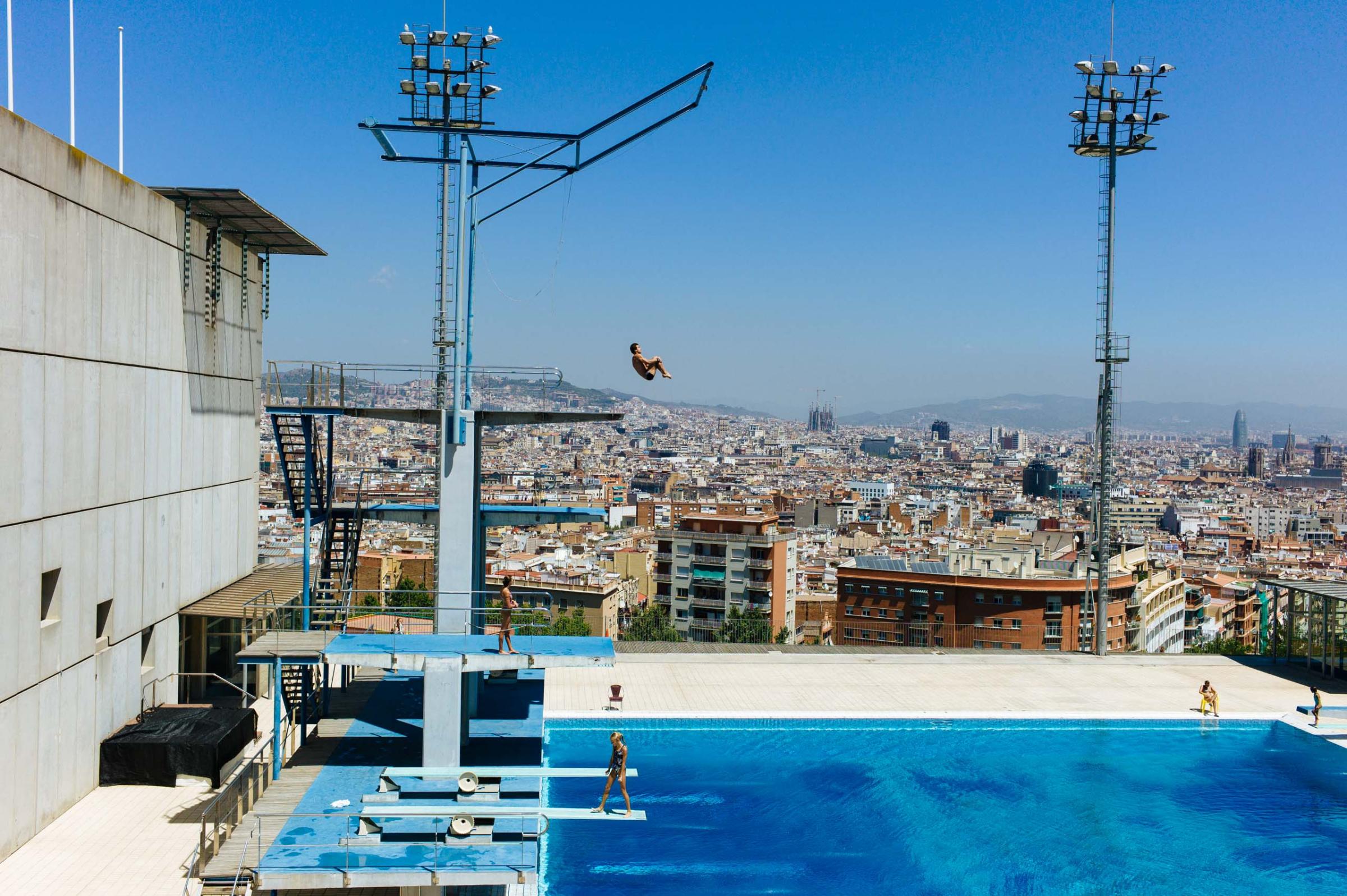 A view of the diving pool on Montjuïc hill overlooking Barcelona, host of the 1992 Summer Olympics, photographed in July 2012. Built decades earlier, it later hosted competitions and allowed public access.