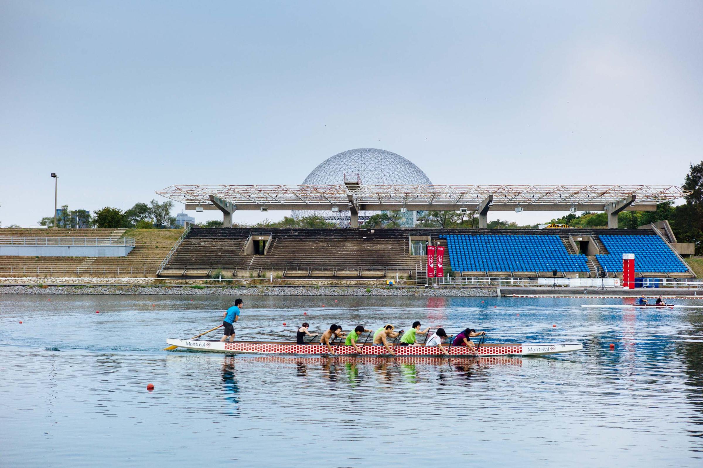 A group of rowers at the Olympic Basin in Montreal, host of the 1976 Summer Olympics, photographed in September 2012. Competitions for canoe-kayaking, rowing and other sports are still held at the site.
