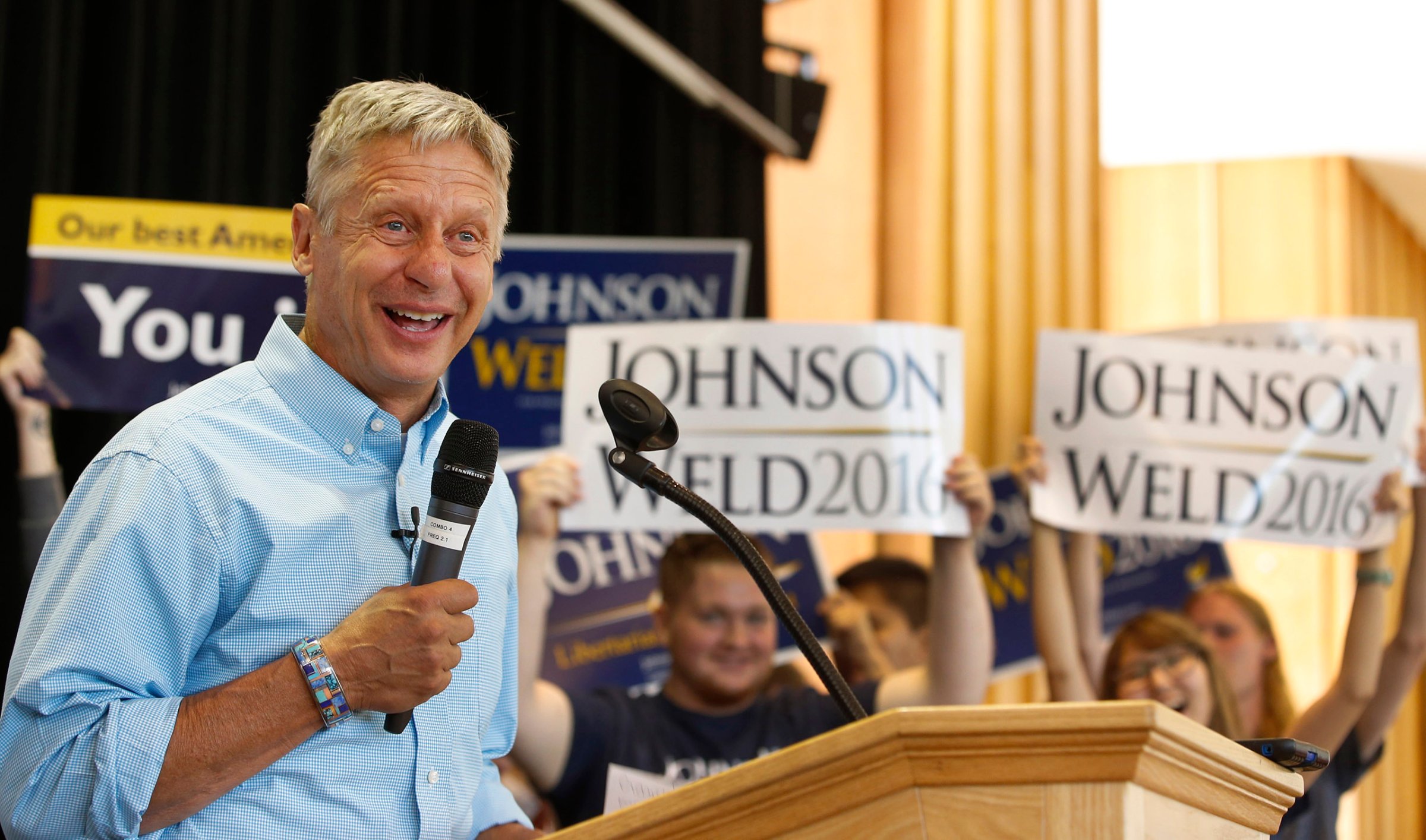 Libertarian presidential candidate Gary Johnson talks to a crowd of supporters at a rally in Salt Lake City, Utah, on Aug. 6, 2016.
