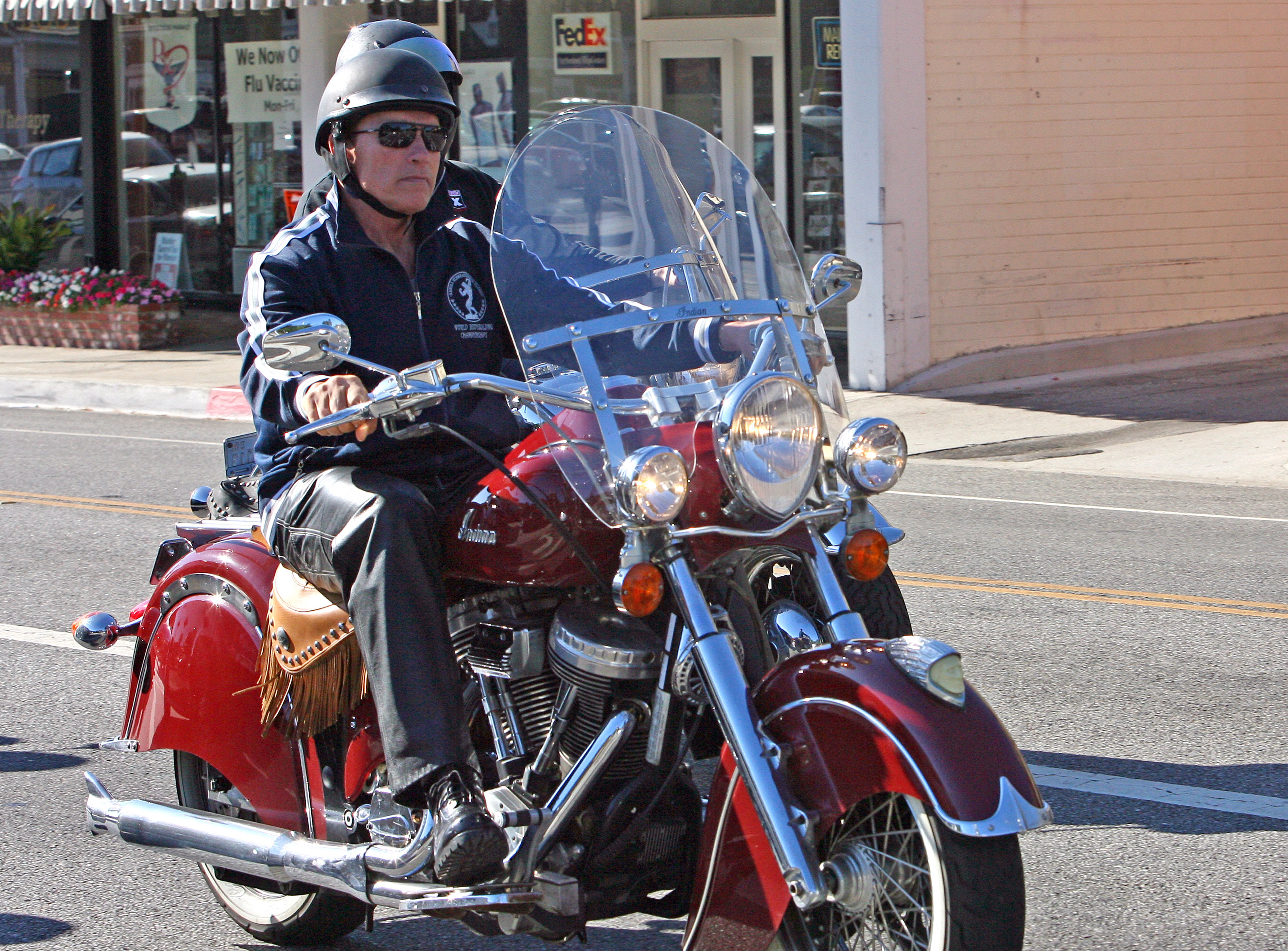 Arnold Schwarzenegger is seen riding his Indian Motorcycle on September 25, 2010 in Los Angeles, California.