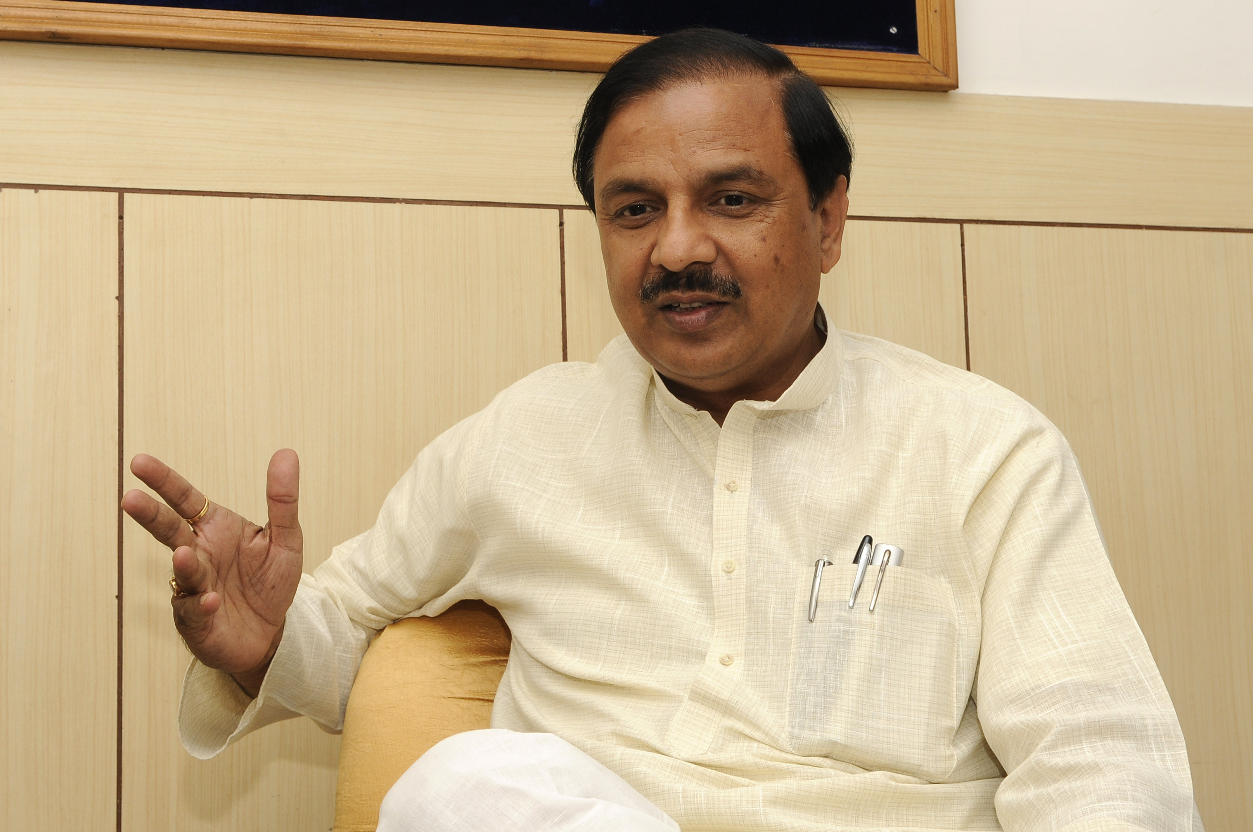 Indian Minister of State for Culture and Tourism Mahesh Sharma speaks during an interview at his office on Oct. 13, 2015, in Noida, India (Burhaan Kinu—Hindustan Times/Getty Images)