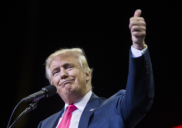 Republican presidential nominee Donald Trump gestures during a rally at Jacksonville Veterans Memorial Arena on August 3, 2016 in Jacksonville, Florida.