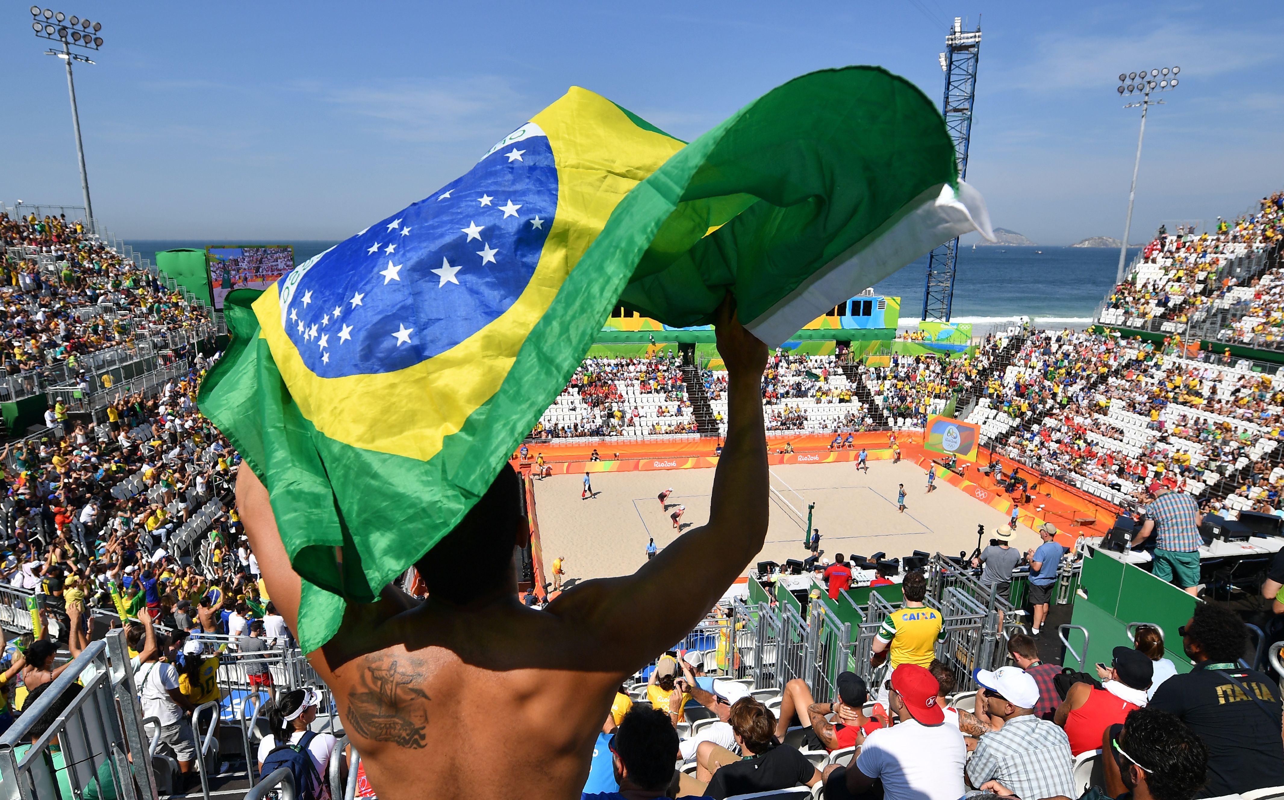The women's beach volleyball qualifying match between Spain and Argentina at the Beach Volley Arena in Rio de Janeiro on Aug. 6, 2016. (Leon Neal—AFP/Getty Images)