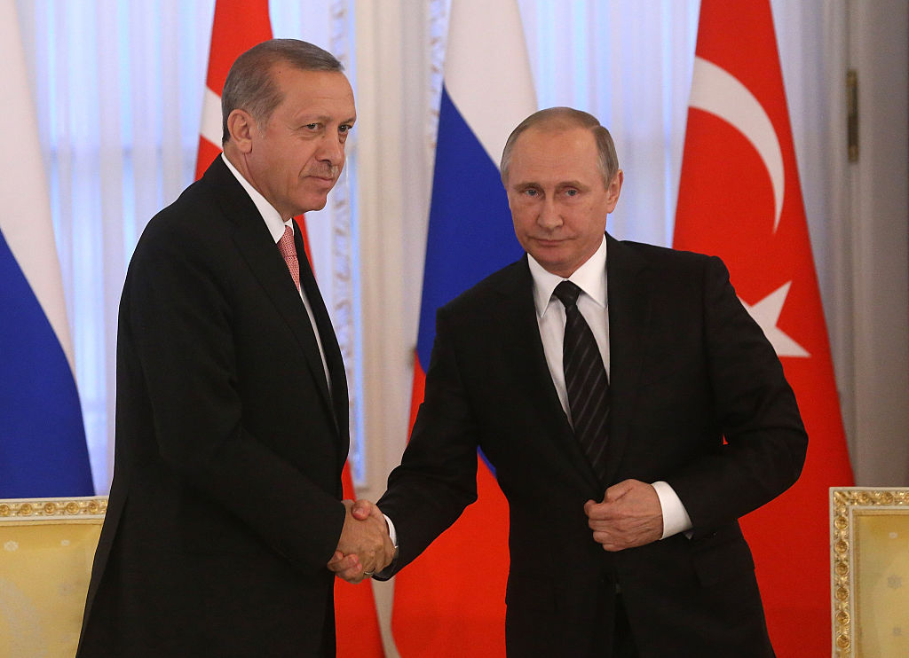 SAINT PETERSBURG, RUSSIA- AUGUST, 9  (RUSSIA OUT) Russian President Vladimir Putin (R) and Turkish President Recep Tayyip Erdogan attend their meeting in Konstantin Palace in Strenla on August,9, 2016 in  Saint Petersburg, Russia. President of Turkey is having a one-day visit to Putin's hometown. (Photo by Mikhail Svetlov/Getty Images) (Mikhail Svetlov&mdash;Getty Images)