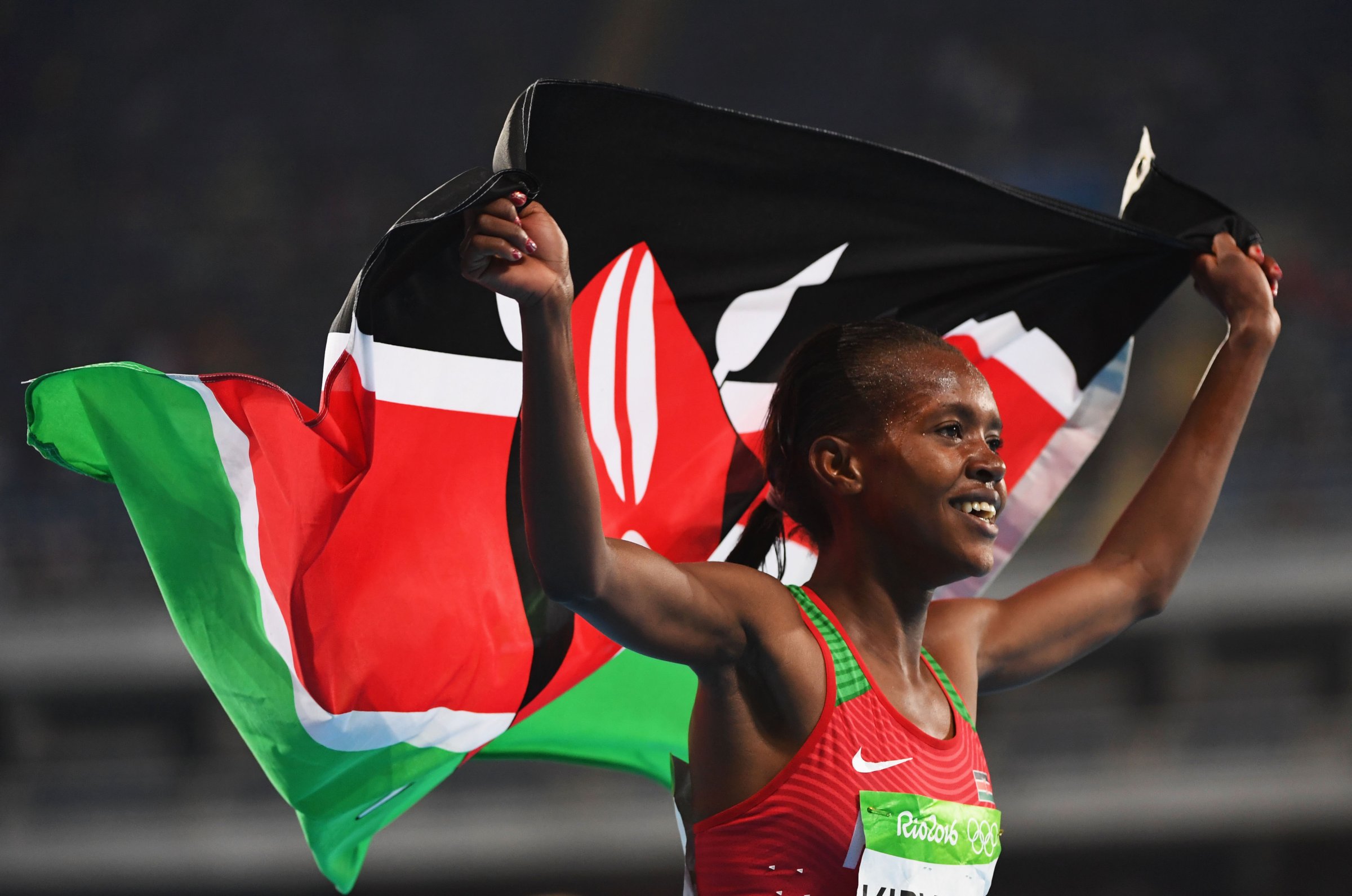 Faith Chepngetich Kipyegon of Kenya celebrates after winning the gold medal in the Women's 1500m Final on Day 11 of the Rio 2016 Olympic Games on Aug. 16, 2016.