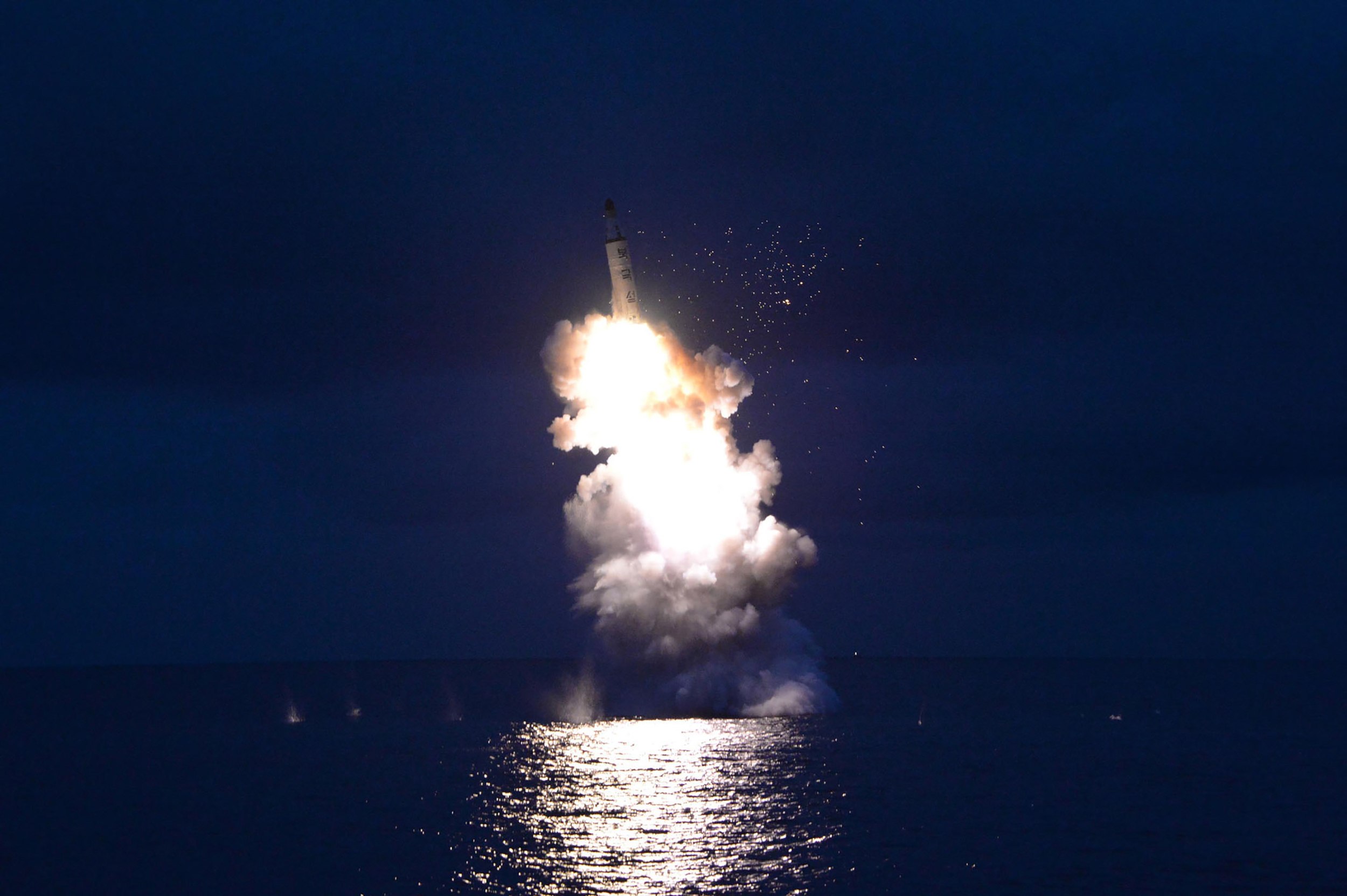 This undated picture released from North Korea's official Korean Central News Agency on Aug. 25, 2016, shows a test fire of strategic submarine-launched ballistic missile being launched at an undisclosed location (KNS—AFP/Getty Images)