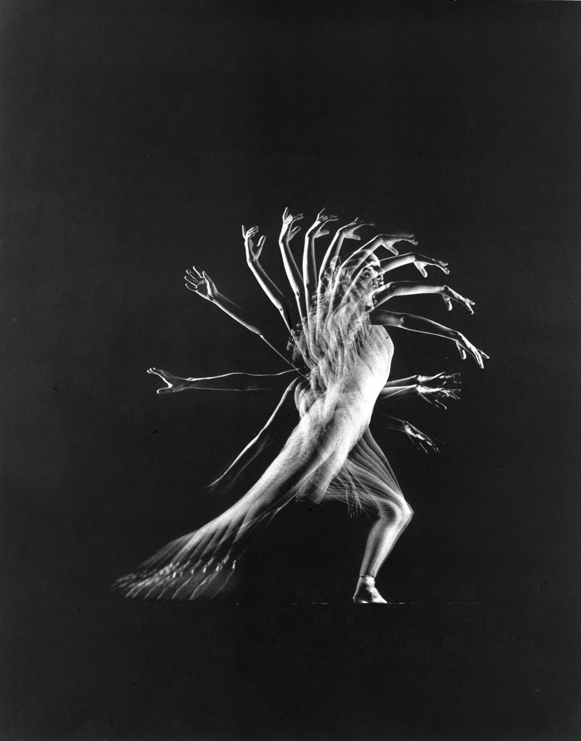 A stroboscopic multiple exposure image of an arm movement made by dancer Patricia McBride in New York in 1962.