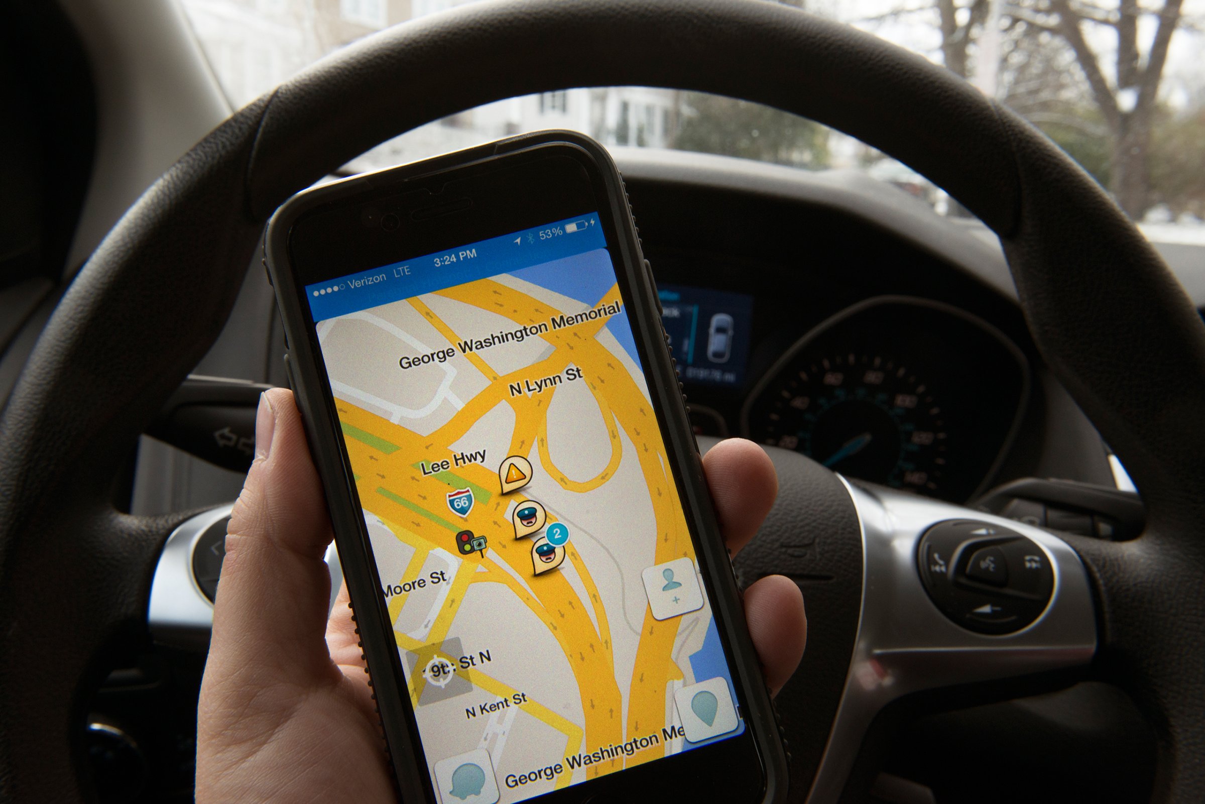 A view of the WAZE traffic GPS app on an iPhone on Jan. 27, 2015.