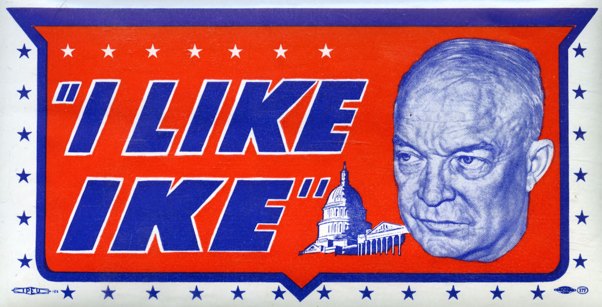 View of an "I Like Ike" water decal from the presidential campaign, showing a close-up portrait of the popular war hero General Dwight D. Eisenhower, 1952. (Transcendental Graphics / Getty Images)
