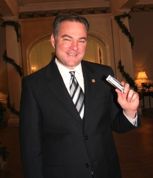 Democratic vice presidential candidate Tim Kaine with one of the four harmonicas he reportedly carries with him (Andy Garrigue)