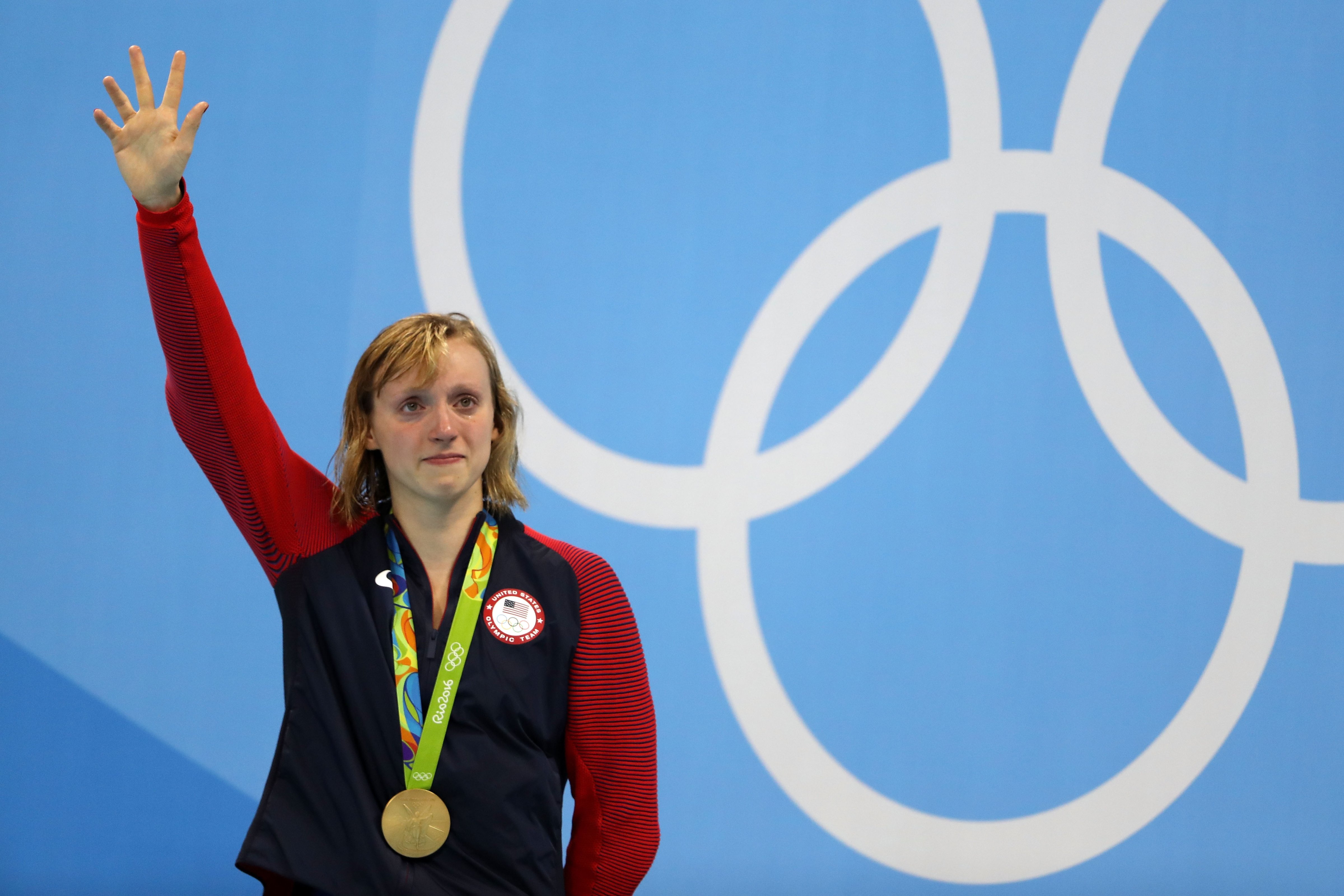 Katie Ledecky after winning gold in the Women's 800m Freestyle Final on Day 7 of the Rio 2016 Olympic Games, on August 12, 2016. (Al Bello—Getty Images)