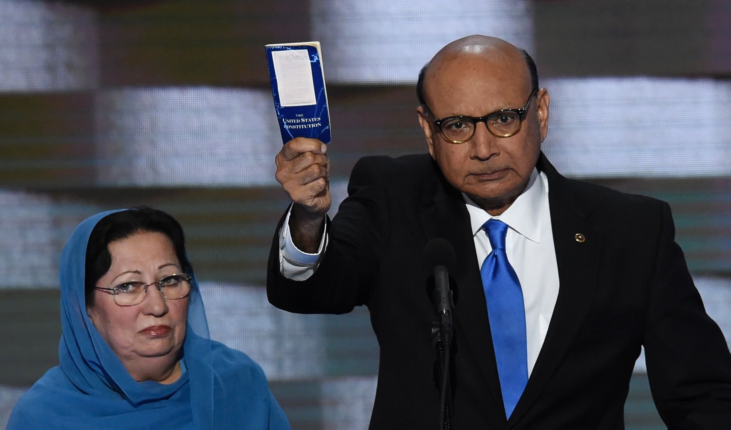 Khizr Khan holding his personal copy of the US Constitution while addressing delegates on the fourth and final day of the Democratic National Convention at Wells Fargo Center in Philadelphia, Pennsylvania, July 28, 2016.