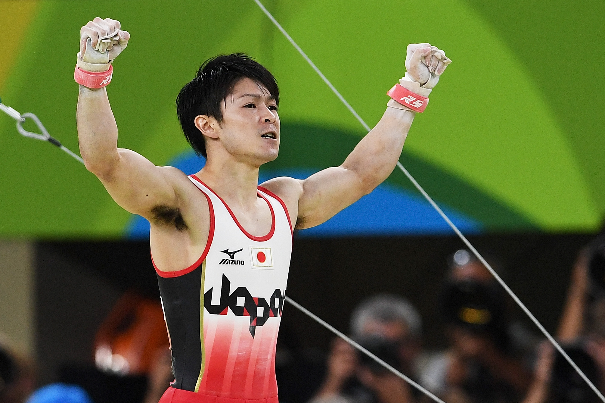 Kohei Uchimura of Japan reacts after competing on the horizontal bar during the Men's Individual All-Around final on Day 5 of the Rio 2016 Olympic Games at the Rio Olympic Arena on Aug. 10, 2016 in Rio de Janeiro. (Laurence Griffiths&mdash;Getty Images)