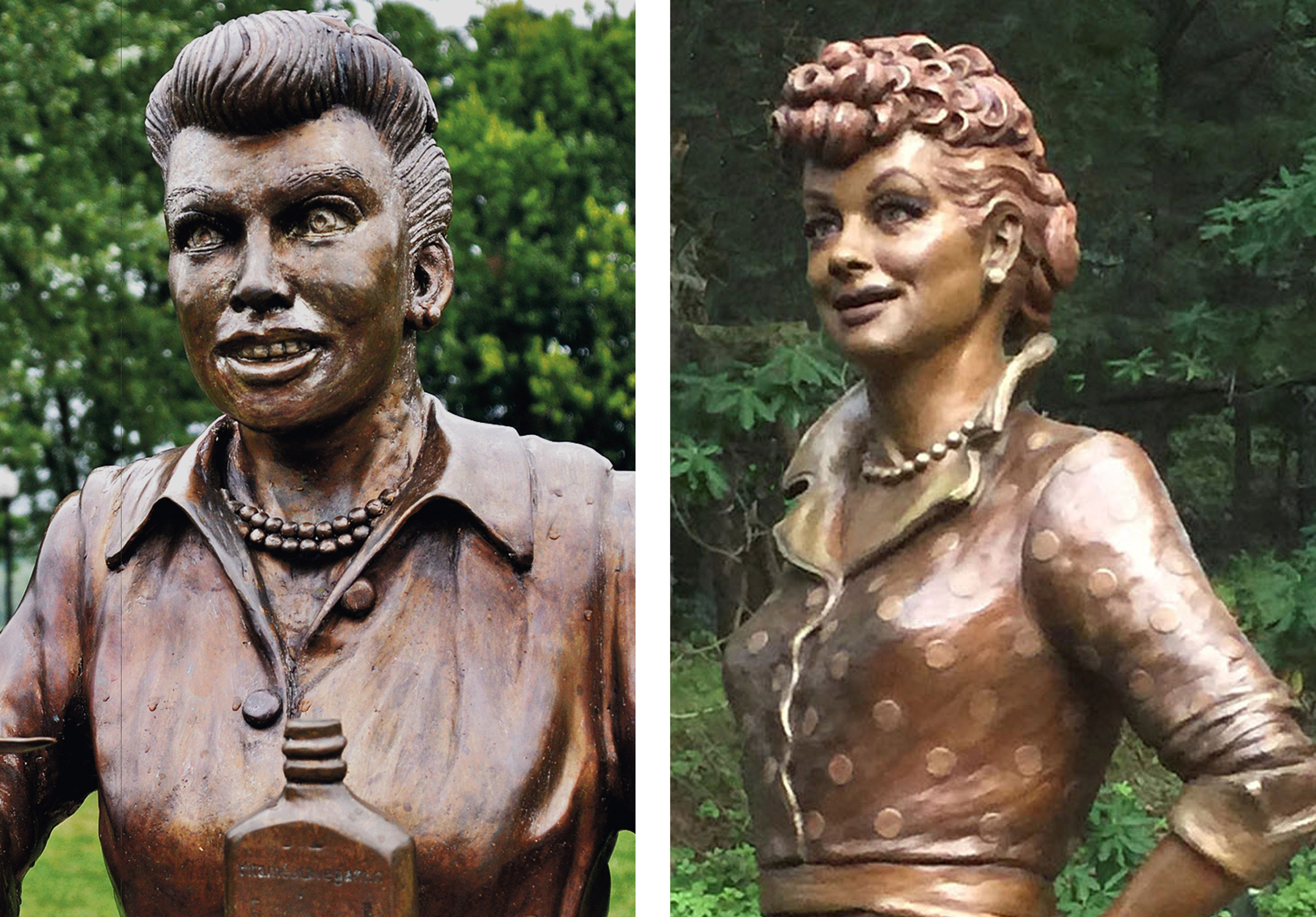 <i>Left</i>: The bronze sculpture of Lucille Ball by Dave Poulin, seen at the Lucille Ball Memorial Park in Celoron, N.Y.. in Aug. 2012; <i>Right</i> the bronze sculpture of Lucille Ball by Carolyn D. Palmer, unveiled at the Lucille Ball Memorial Park in Celeron, N.Y., on Aug. 6, 2016. (The Post-Journal/AP; Handout/Reuters)