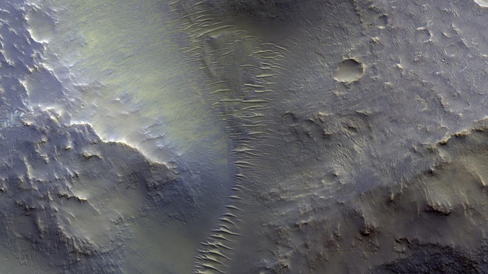 Small tributary deposit and transverse aeolian ridges in Nirgal Vallis (infrared), July 4, 2016.