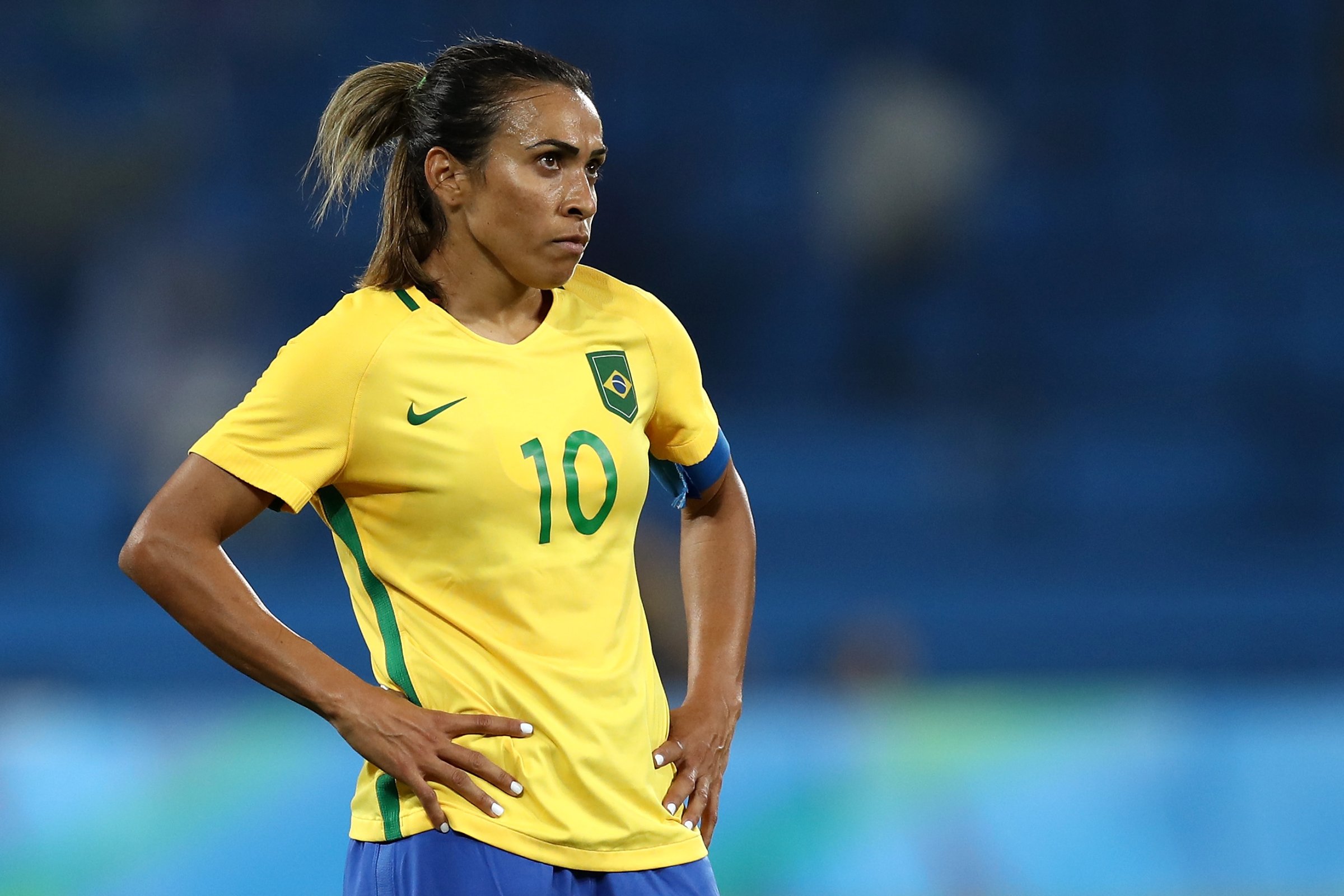 Marta of Brazil looks on during the Women's Group E first round match between Brazil and Sweden on Day 1 of the Rio 2016 Olympic Games at the Olympic Stadium on August 6, 2016 in Rio de Janeiro, Brazil.