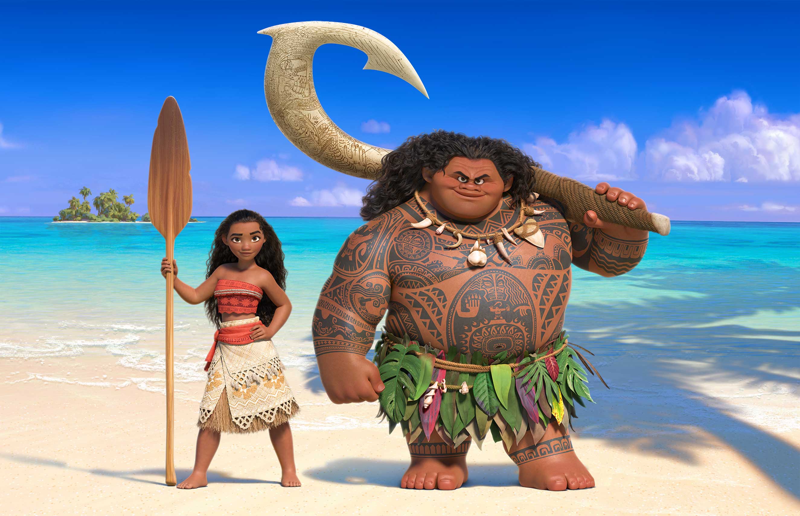 Moana (left) sails out on a daring mission to prove herself a master wayfinder. Along the way, she meets once-mighty demi-god Maui (right). (Disney)
