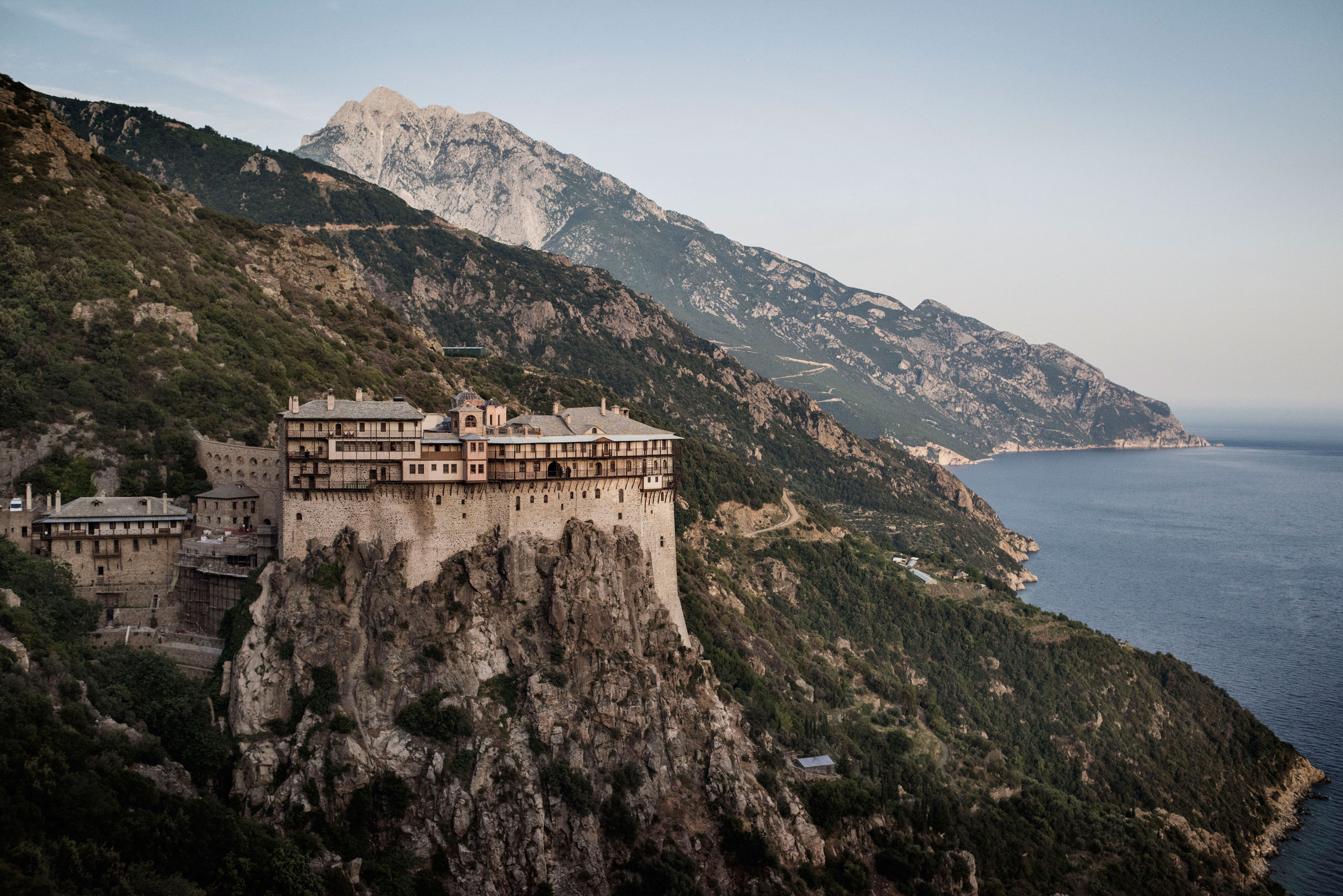 The Eastern Orthodox Monastery of Simonopetra, founded in the 13th century, perched on a cliff above the Aegean Sea in the monastic state of Mount Athos, in northern Greece, May 30, 2016.