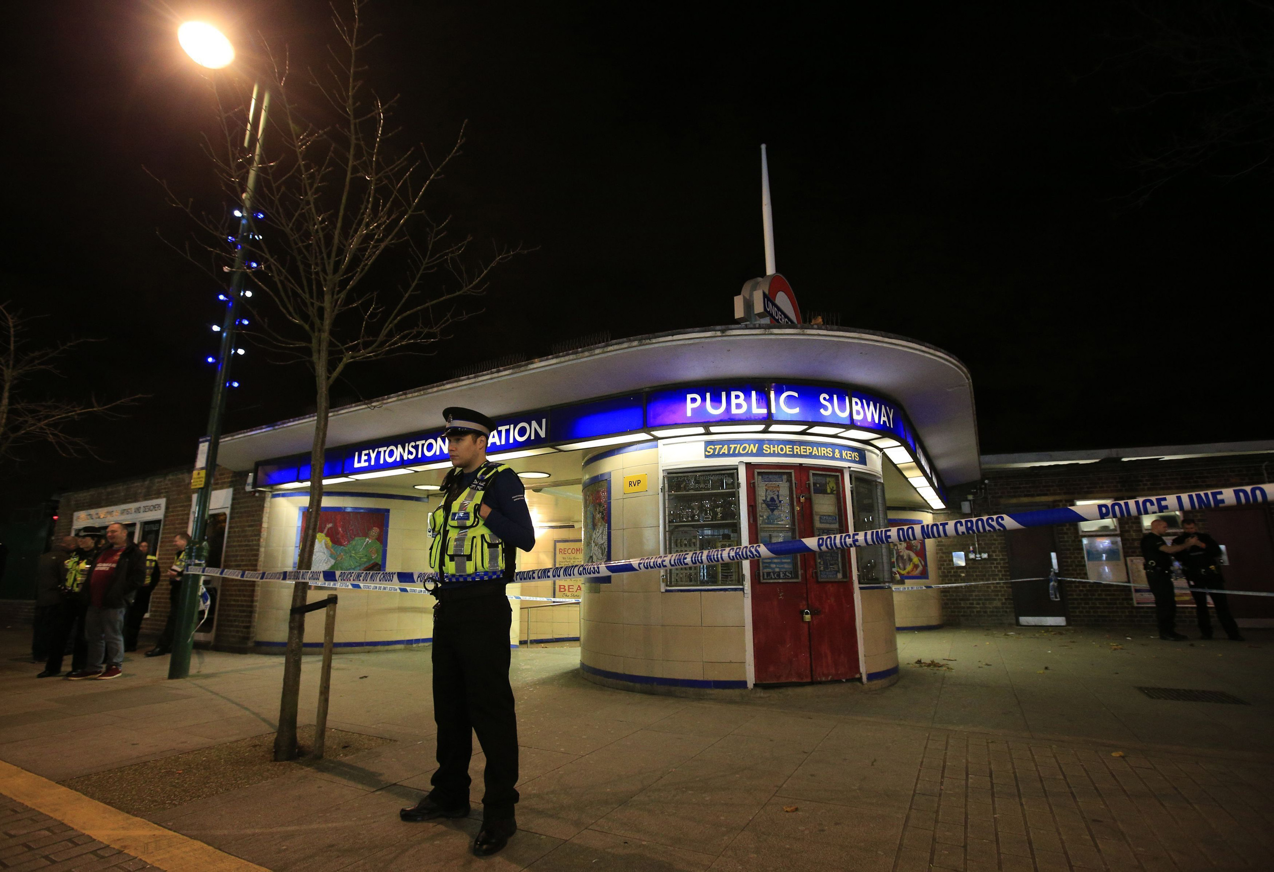 Police cordoning off Leytonstone Underground Station in east London on May 12, 2015. Muhaydin Mire, 30, of Sansom Road, Leytonstone, has been found guilty of trying to behead a random stranger at a Tube station after being inspired by the murder of Fusilier Lee Rigby. (Jonathan Brady—PA Wire)