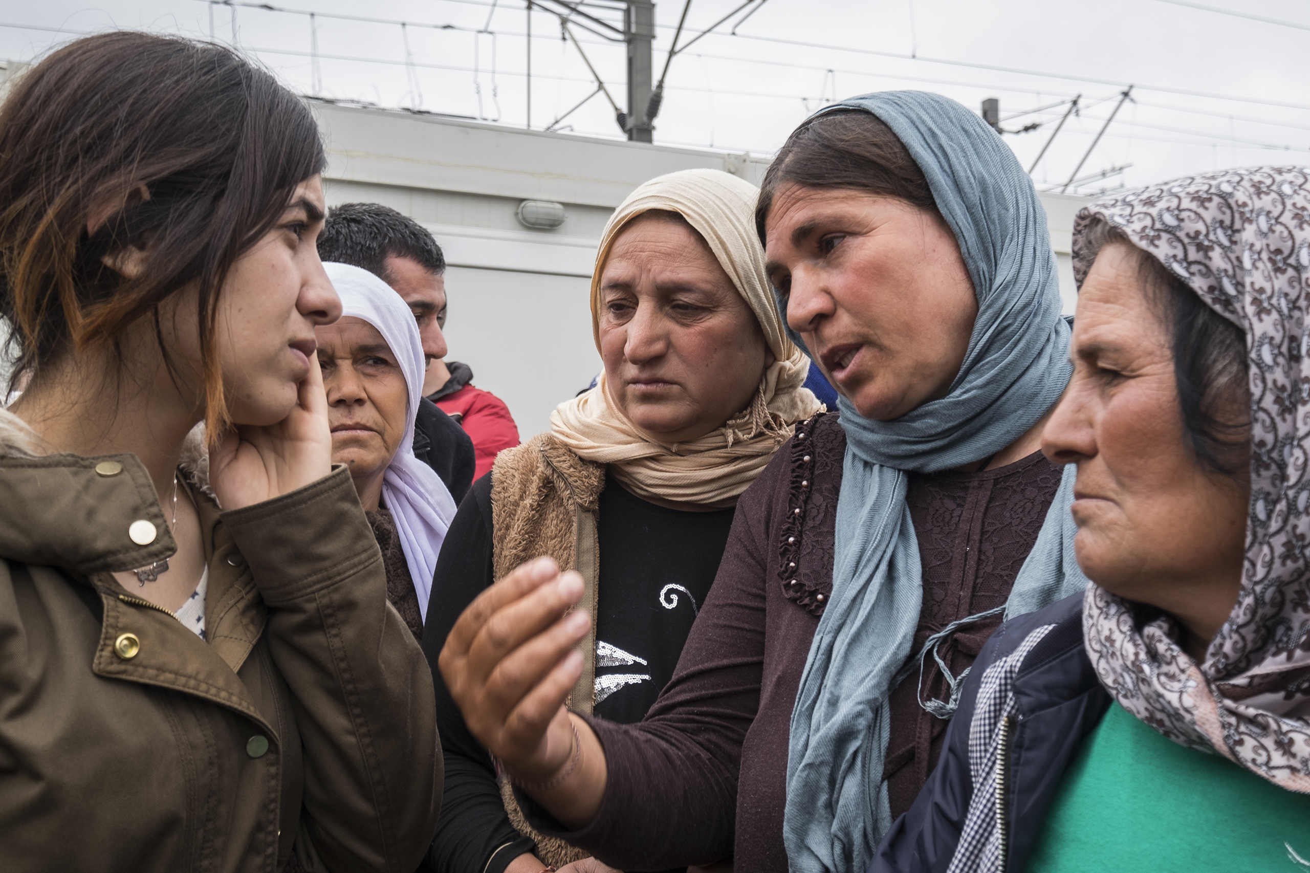Nadia Murad Basee Taha talks to some of the Yazidi women that are living at the refugee camp near Idomeni, Greece, on April 3, 2016 (Joseph Galanakis—NurPhoto/Sipa USA/AP)