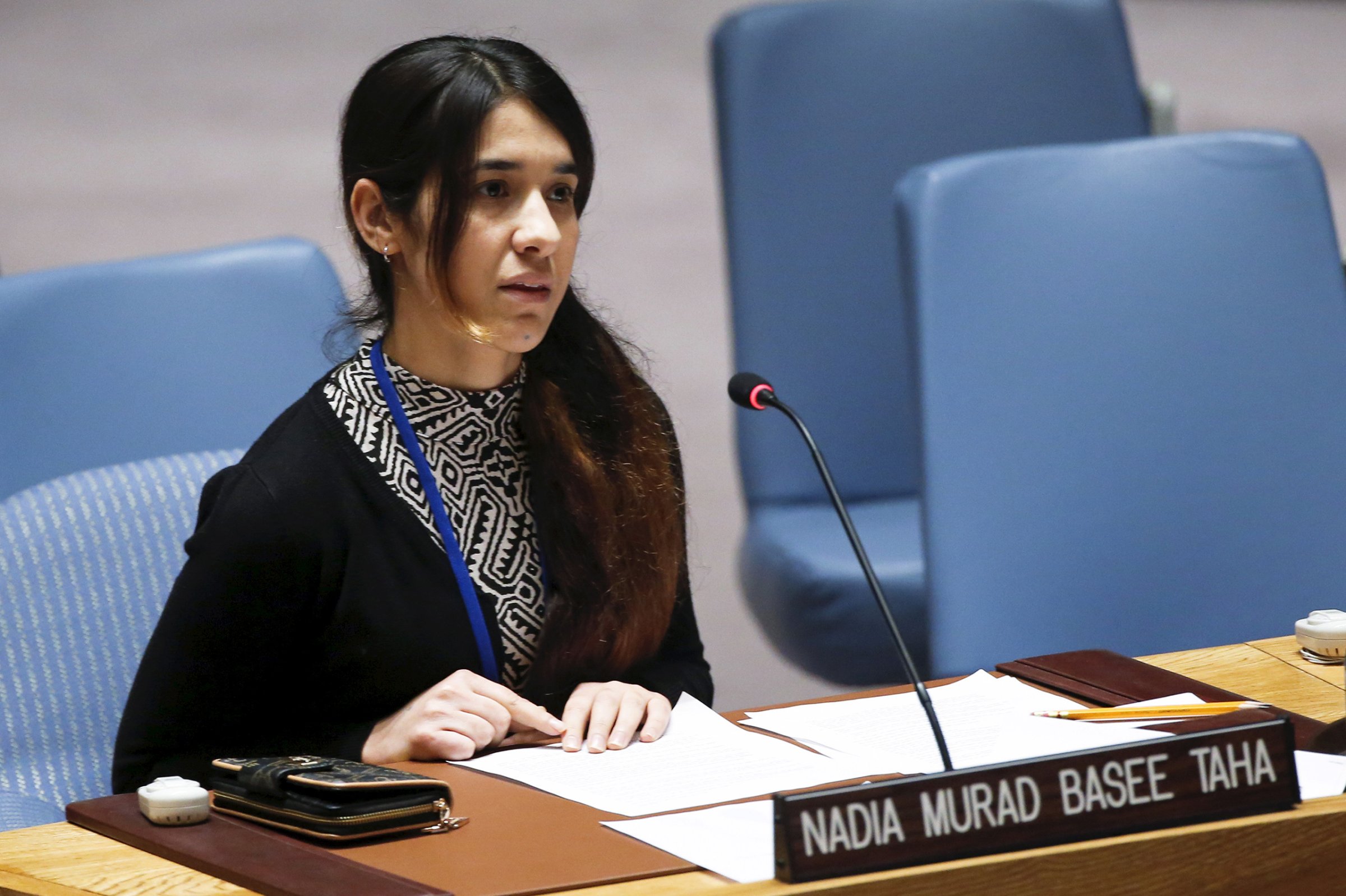 Nadia Murad Basee Taha, a 21-year-old Iraqi woman of the Yezidi minority, speaks to members of the Security Council during a meeting at the United Nations headquarters in New York on Dec. 16, 2015.