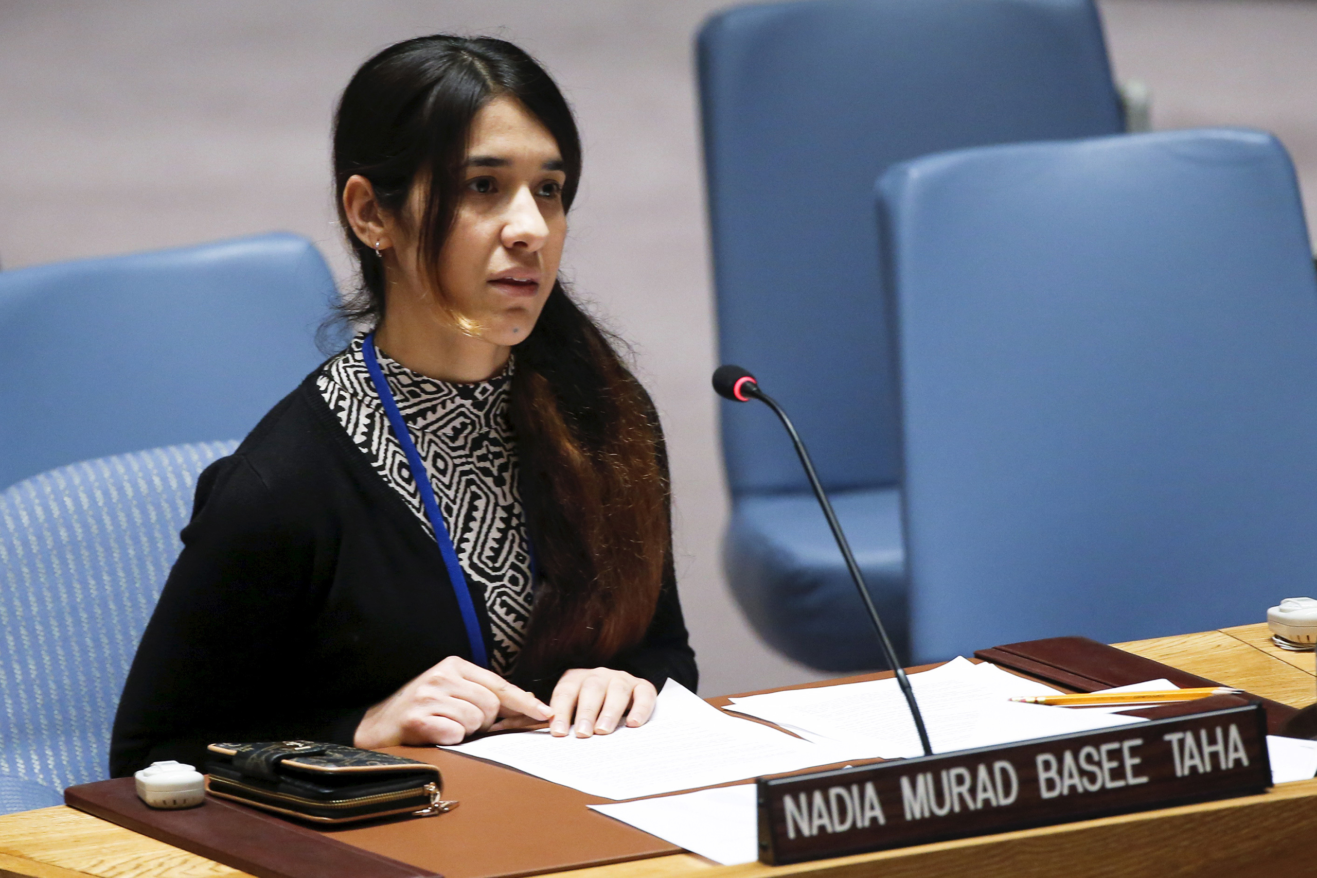 Nadia Murad Basee Taha, a 21-year-old Iraqi woman of the Yezidi minority, speaks to members of the U.N. Security Council at the U.N. headquarters in New York City on Dec. 16, 2015 (Eduardo Munoz—Reuters)