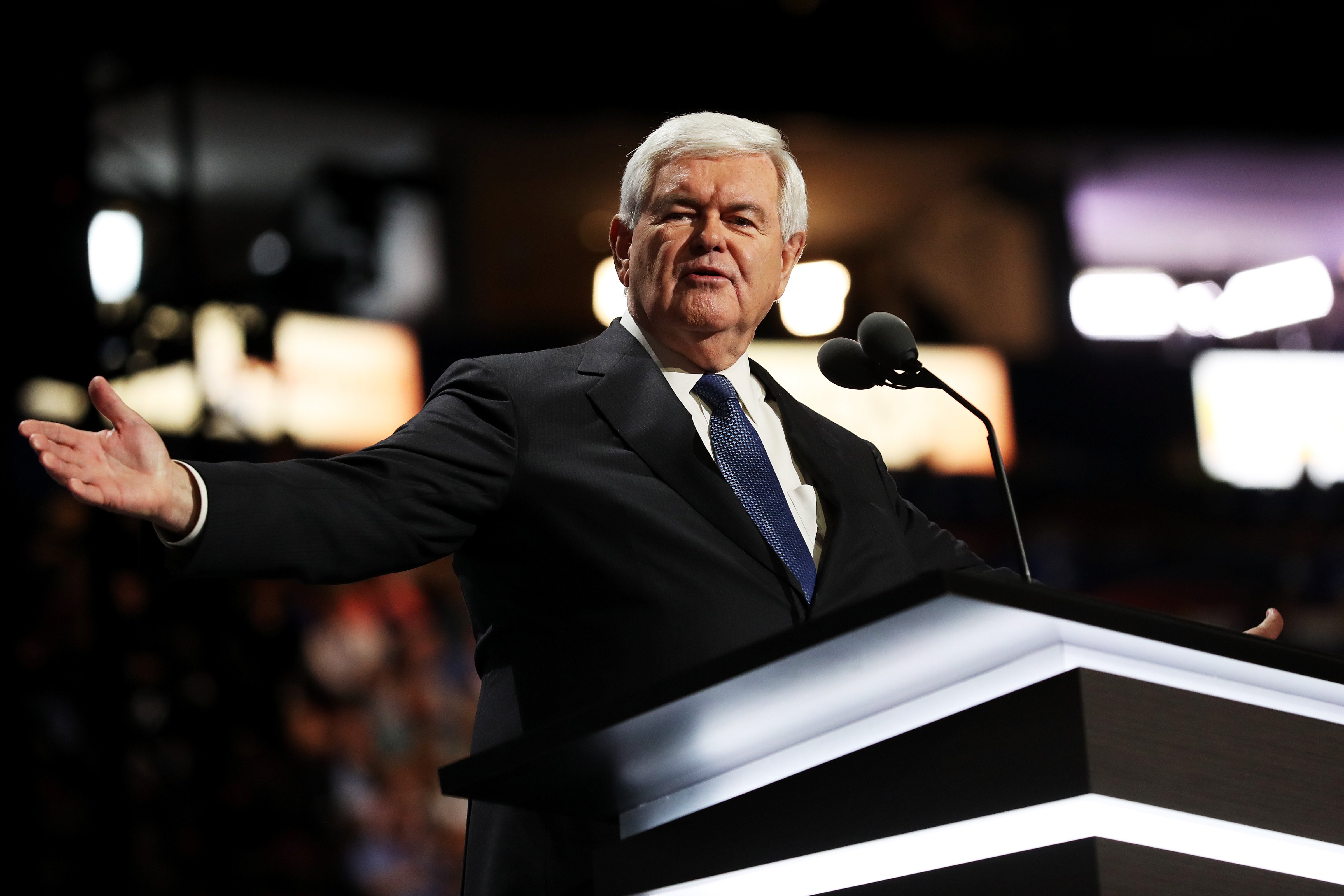 Former Speaker of the House Newt Gingrich delivers a speech on the third day of the Republican National Convention on July 20, 2016 at the Quicken Loans Arena in Cleveland, Ohio. (John Moore/Getty Images)