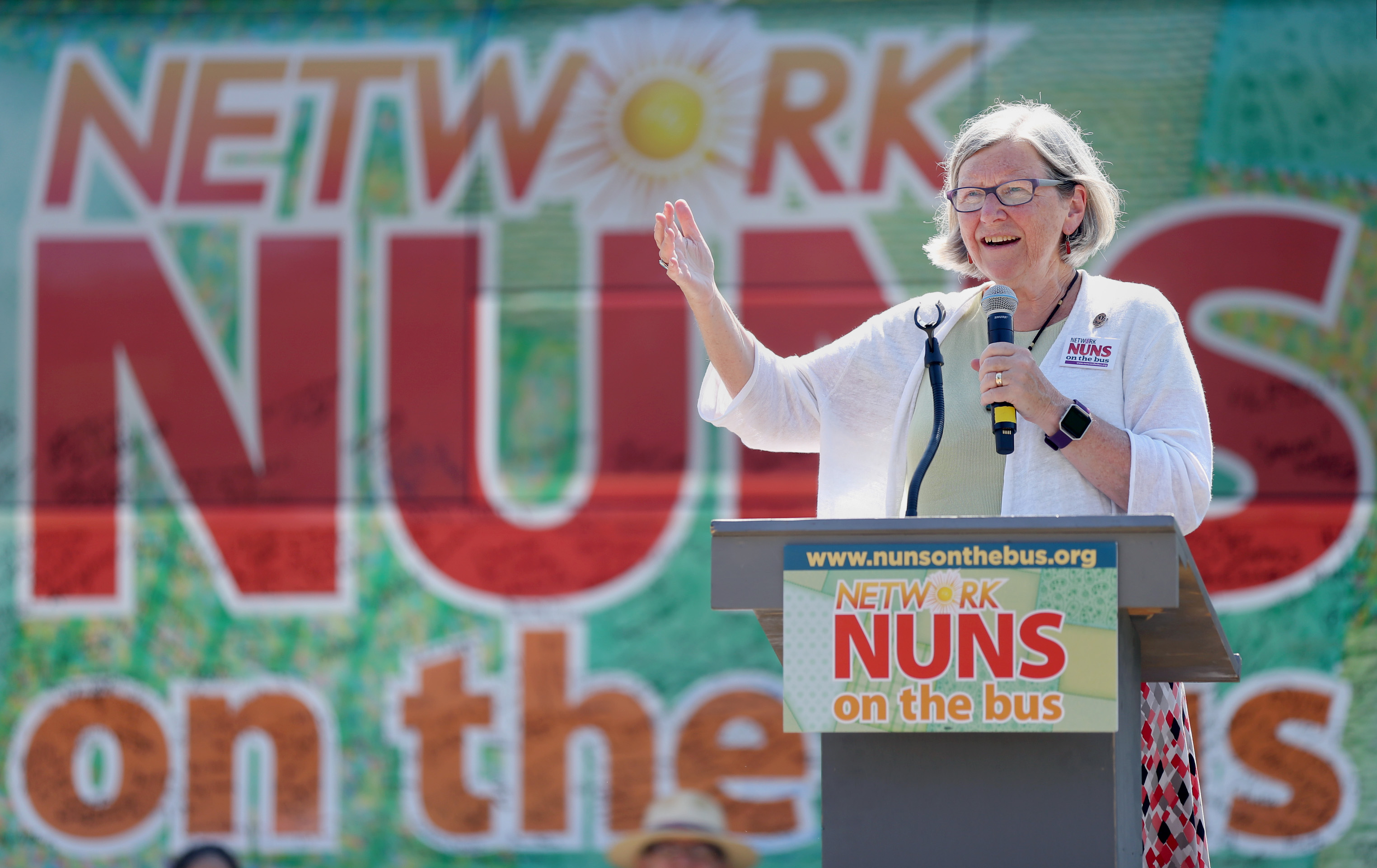Sister Simone Campbell, leader of the Nuns on the Bus, speaks during a stop at Boston College High School, July 23, 2016.