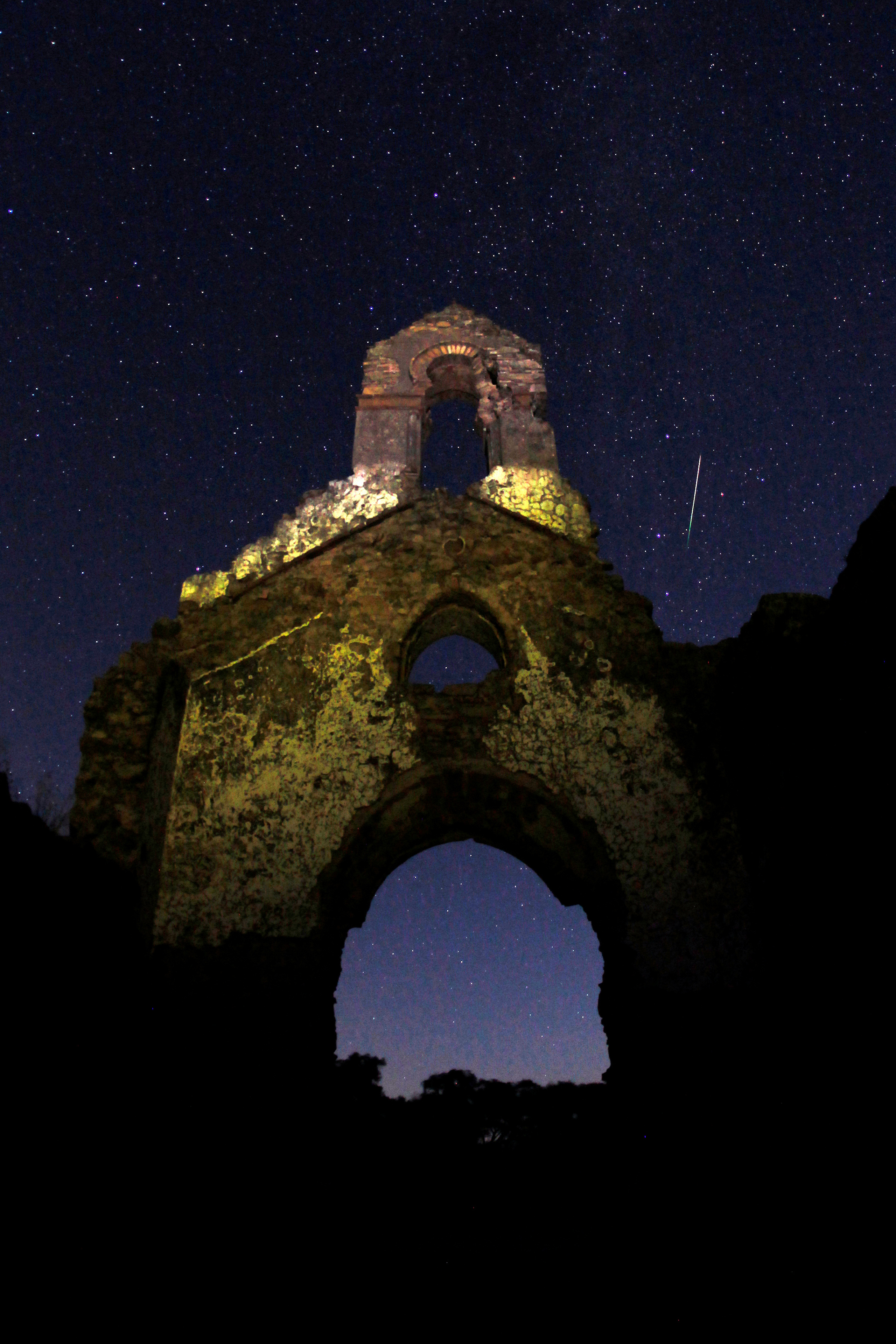 A meteor streaks past stars in the night sky above the ruins of a church in the Los Alcornocales (cork oak forests) nature park, during the Perseid meteor shower in the ancient village of La Sauceda, near Cortes de la Frontera, southern Spain, in the early morning of Aug. 12, 2016.