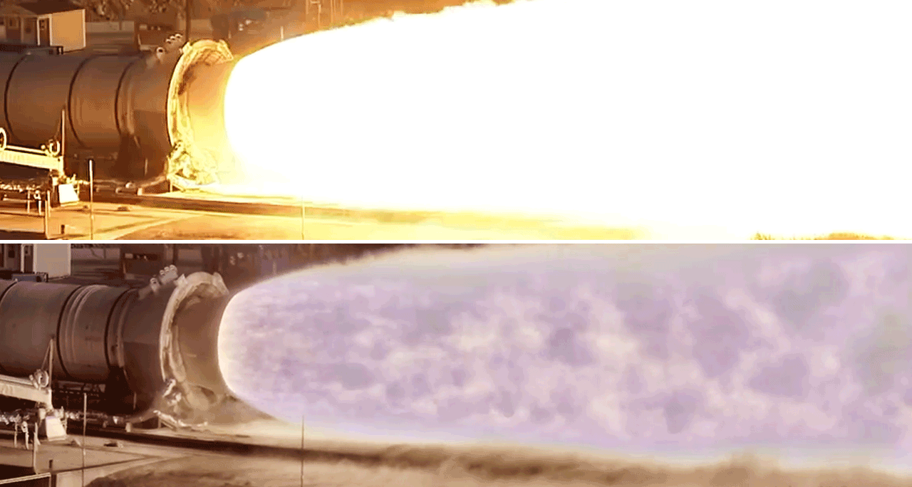 Orbital ATK’s QM-2 solid rocket booster test, as recorded by a traditional video camera (top) and by NASA’s High Dynamic Range Stereo X (HiDyRS-X) camera (bottom). (NASA; Gif by Marisa Gertz for TIME)