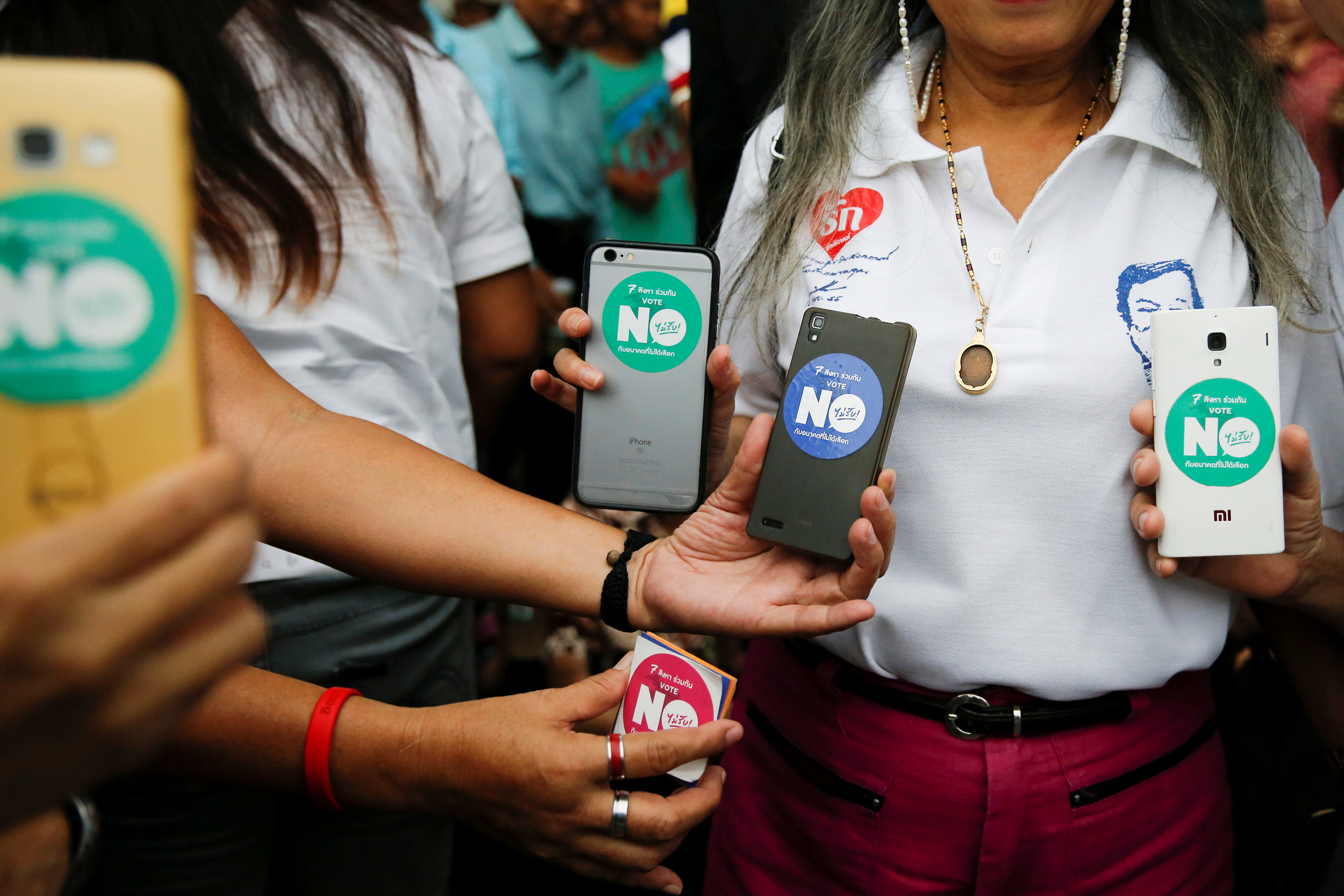 Campaigners display stickers promoting to vote 'No' at the upcoming constitutional referendum outside the Supreme Court in Bangkok, Thailand August 5, 2016. (Jorge Silva—Reuters)