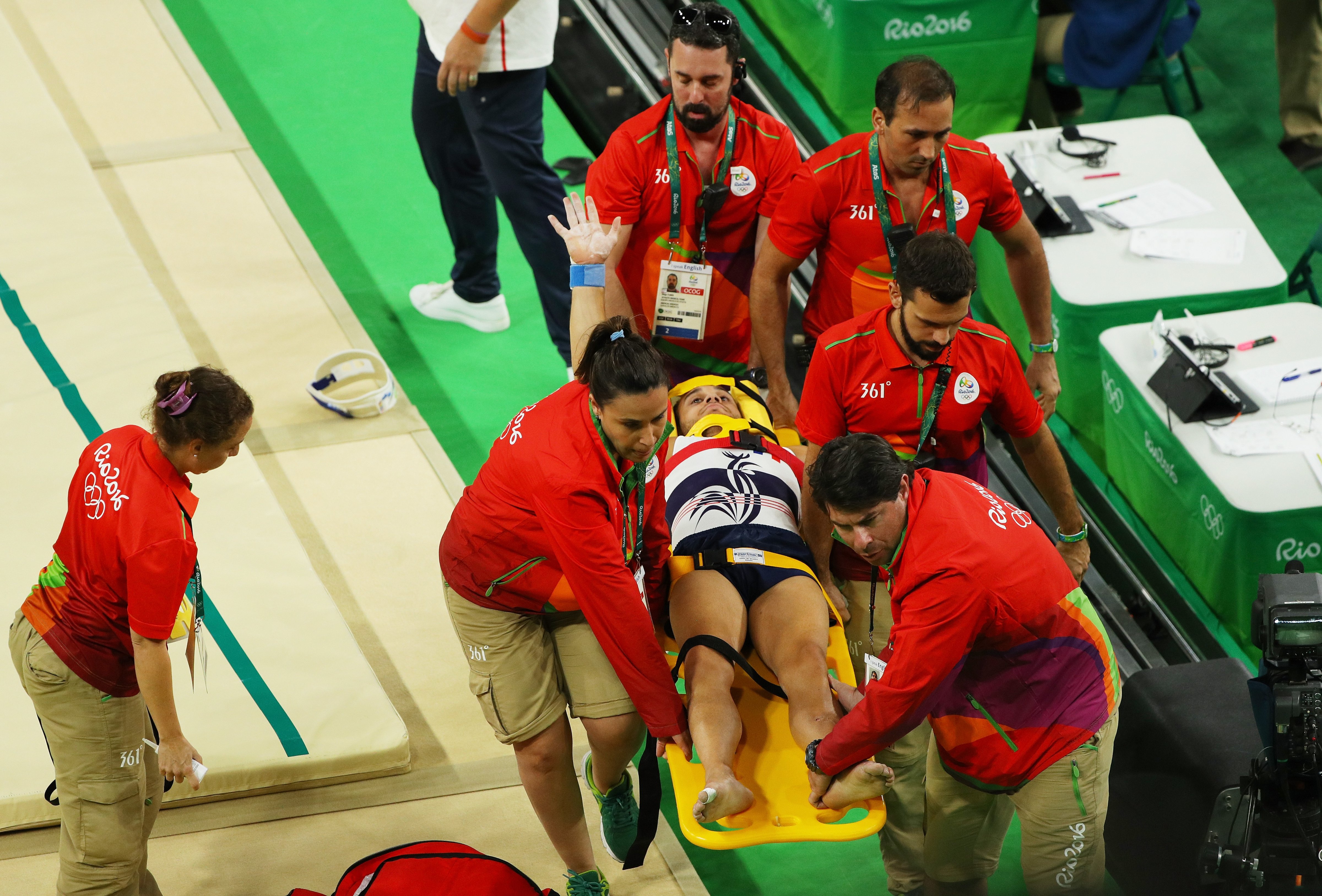 Samir Ait Said of France receives medical attention during the Gymnastics Men's Team qualification on Day 1 of the Rio 2016 Olympic Games on August 6, 2016. (Scott Halleran&mdash;Getty Images)