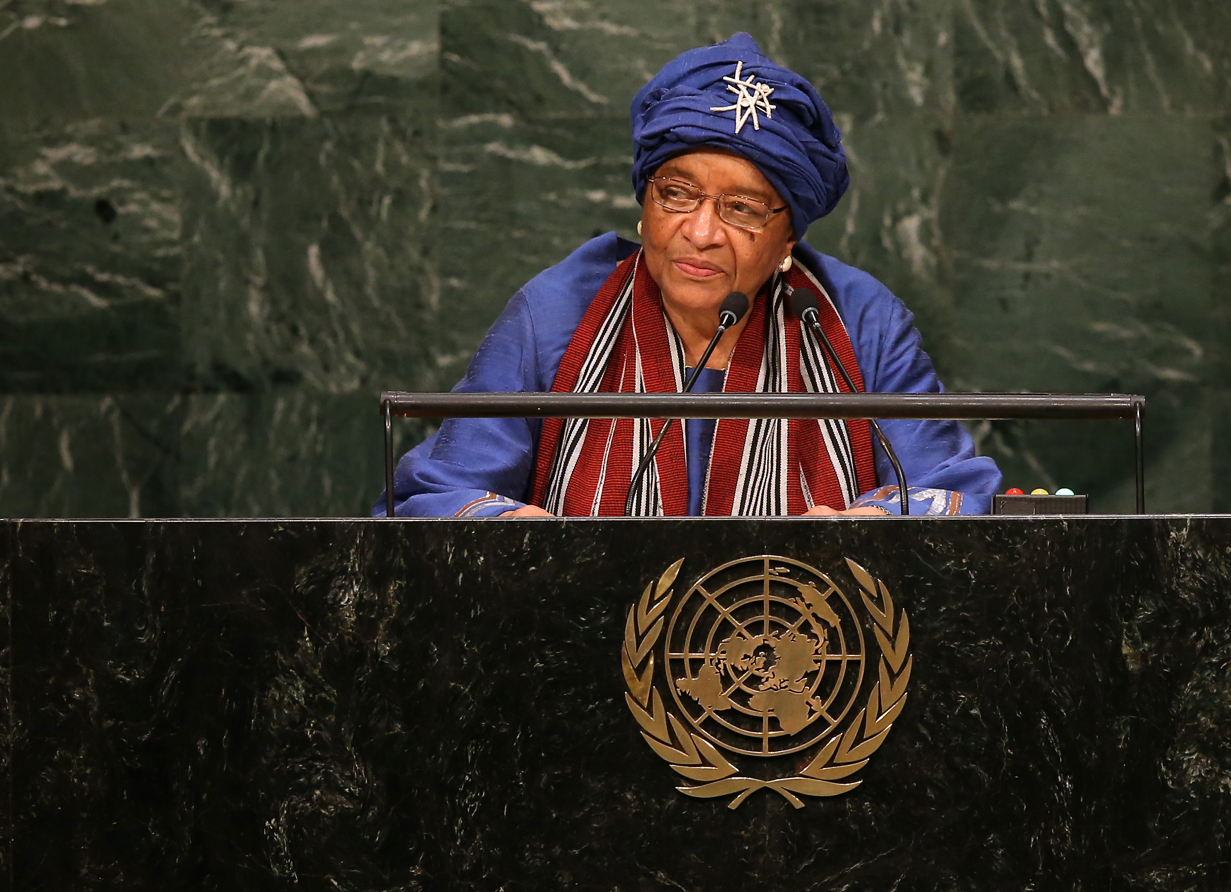 Ellen Johnson Sirleaf, President of Liberia, addresses the General Assembly of the United Nations in New York City on Sept. 29, 2015.