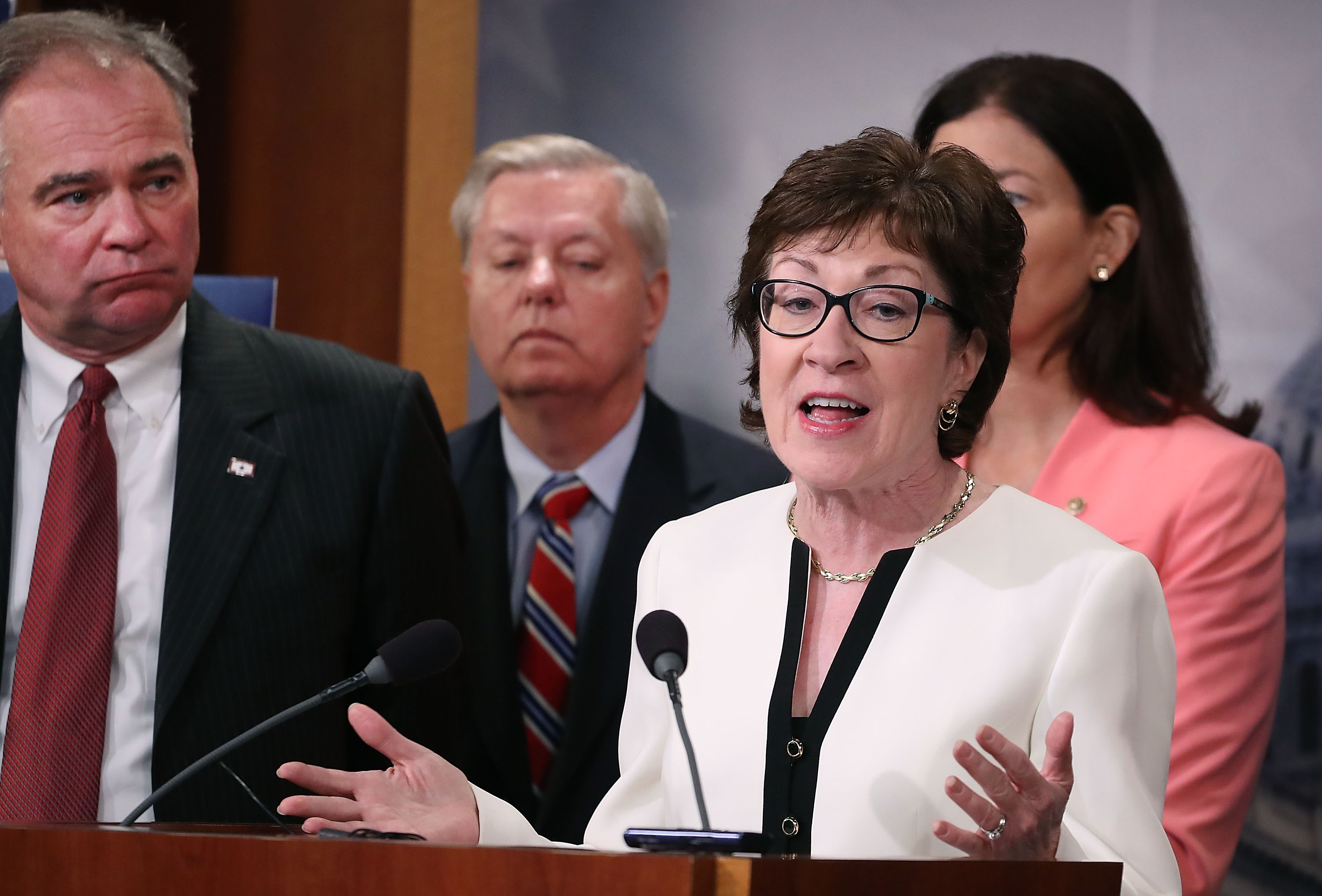 Maine Sen. Susan Collins speaks while flanked by bipartisan Senate colleagues during a news conference on Capitol Hill on June 21, 2016 in Washington, D.C. (Mark Wilson/Getty Images)