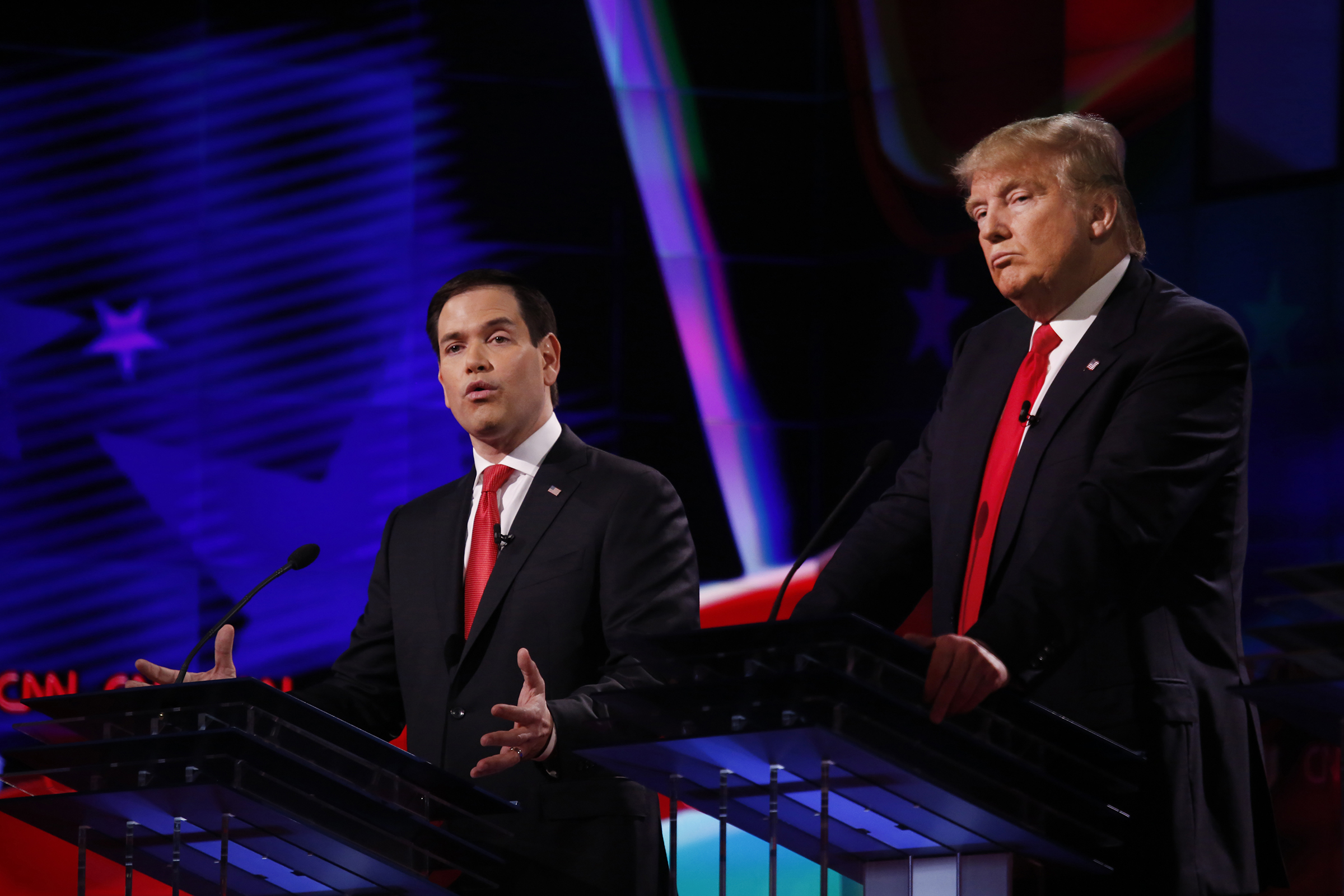 The four remaining Republican primary candidates Marco Rubio and Donald Trump debate at the University of Miami on March 10, 2016. (Carolyn Cole—LA Times via Getty Images)