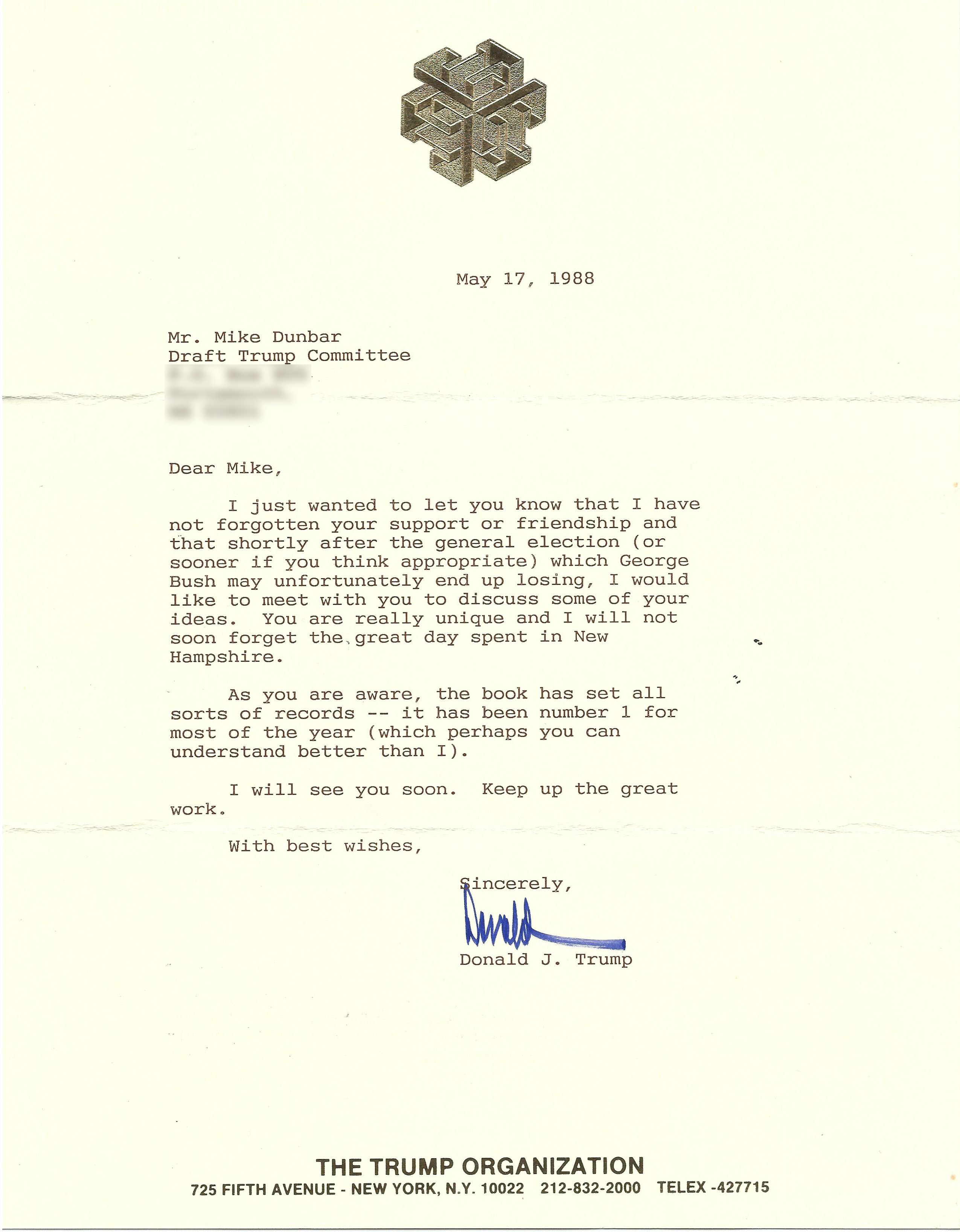 Signed letter to Mike Dunbar from Donald Trump, dated May 17, 1988 (Courtesy of Mike Dunbar)