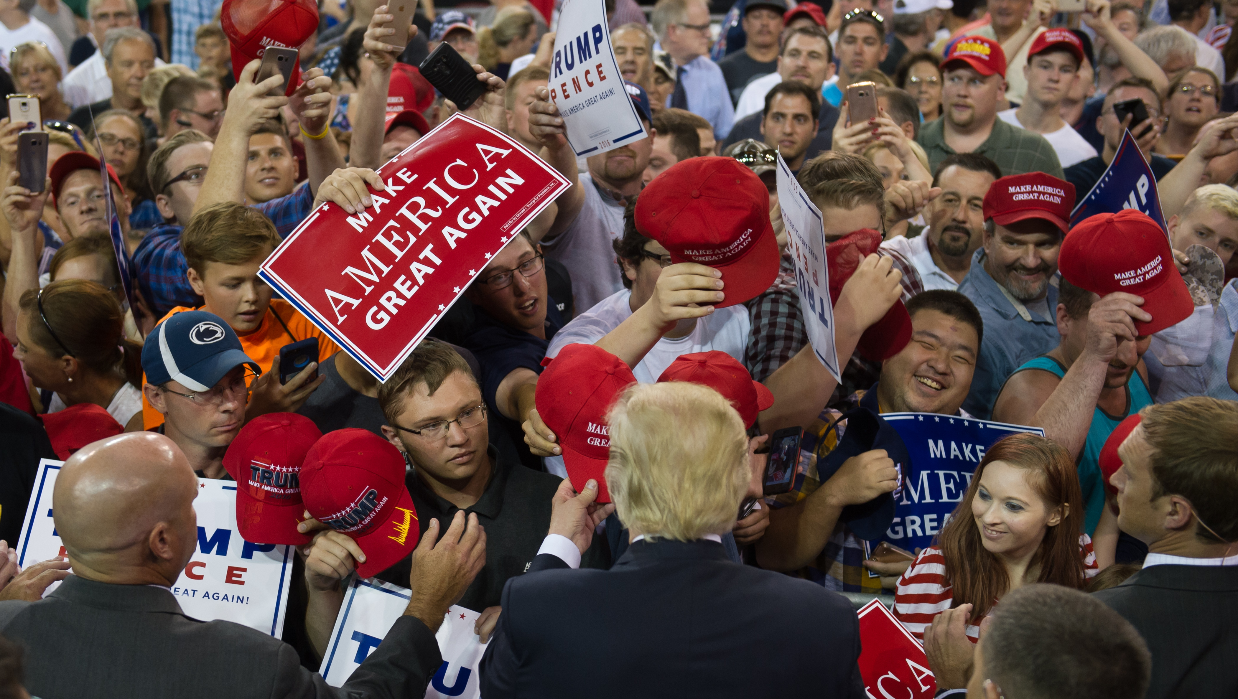 Republican candidate for President Donald Trump speaks to supporters at a rally at Erie Insurance Arena in Erie, Penn., on Aug. 12, 2016.
