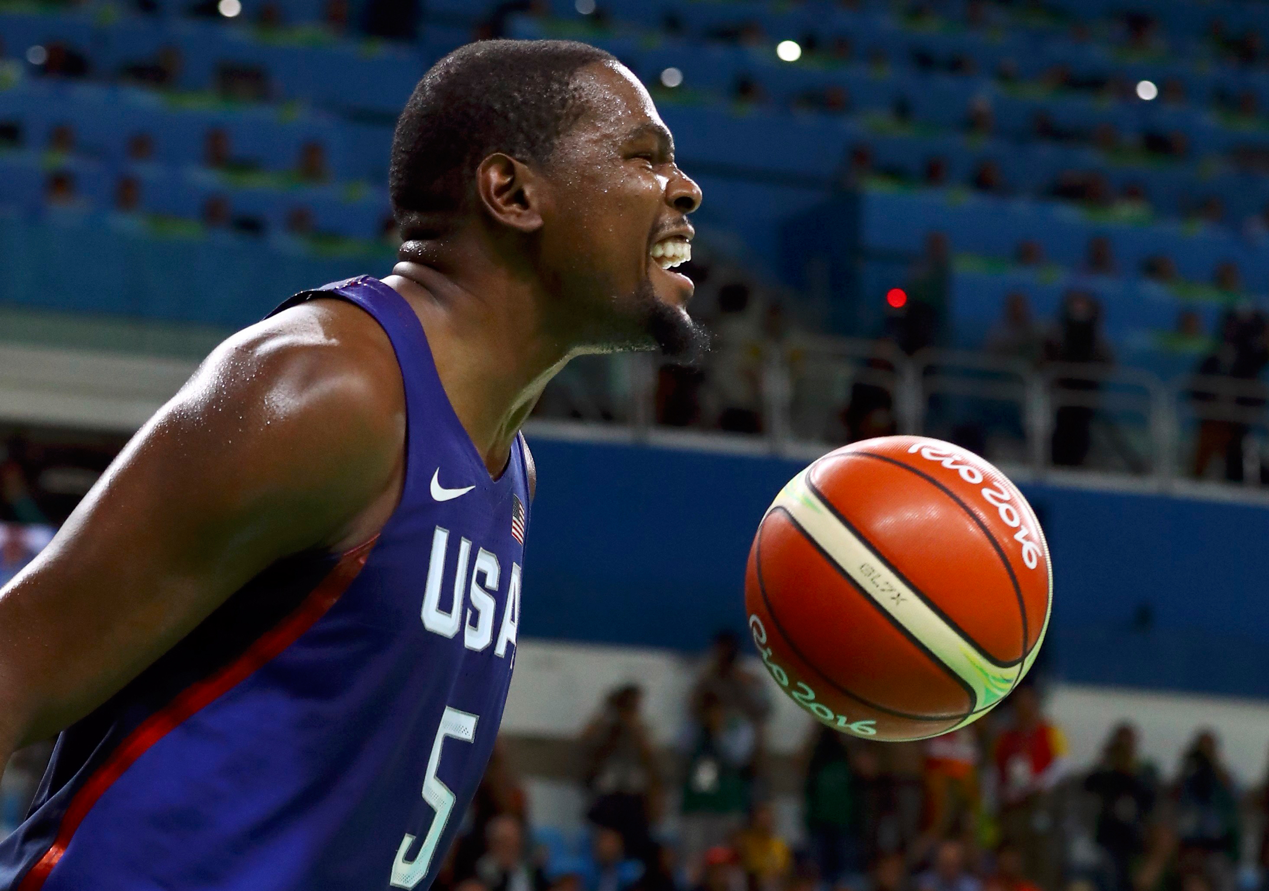 Kevin Durant of the USA reacts after a dunk in the Men's Gold Medal basketball game against Serbia at the 2016 Rio Olympics in Rio de Janeiro on Aug. 21, 2016. (Jim Young—Reuters)
