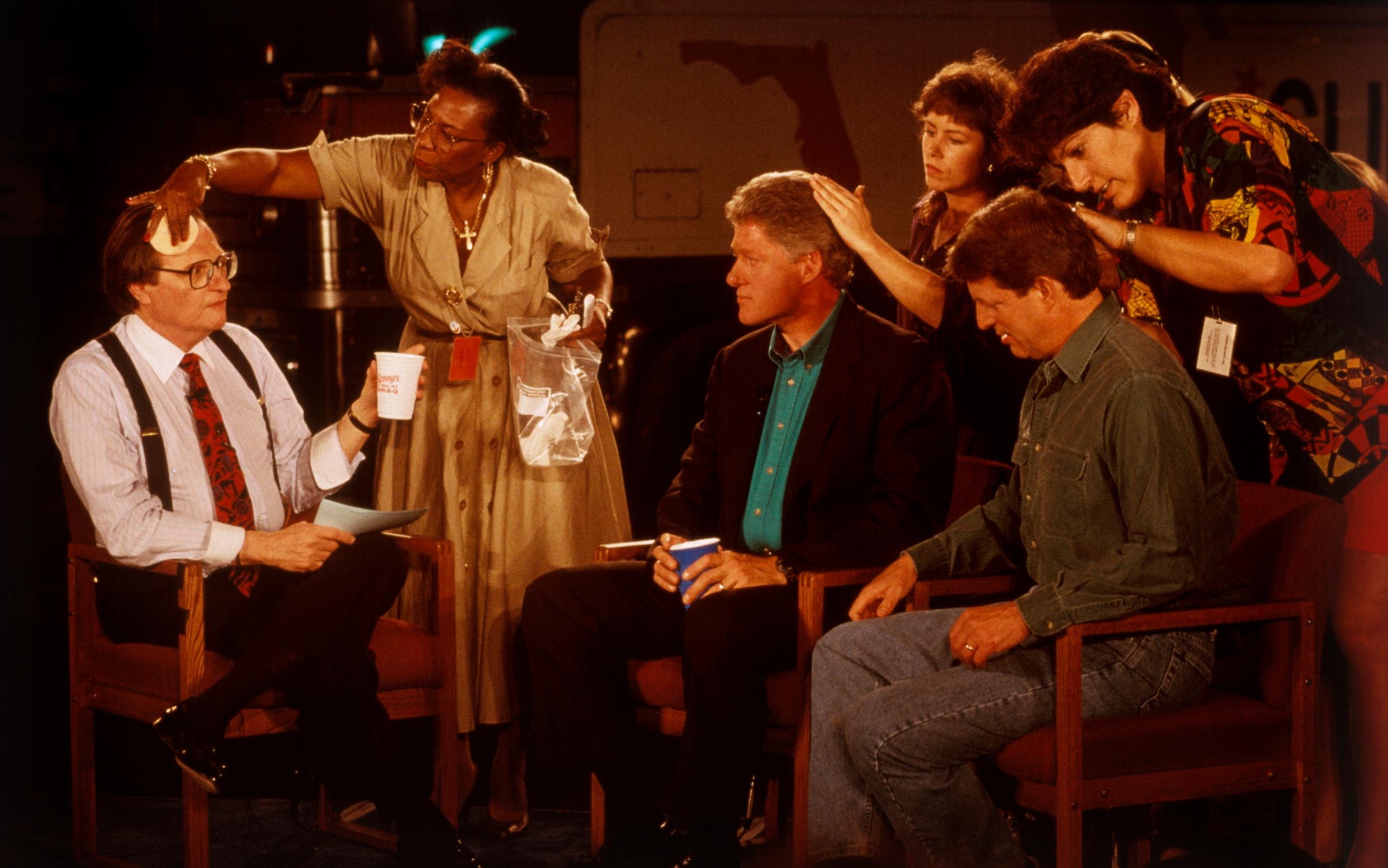 Larry King, Bill Clinton, and Al Gore preparing for a television interview, 1992.