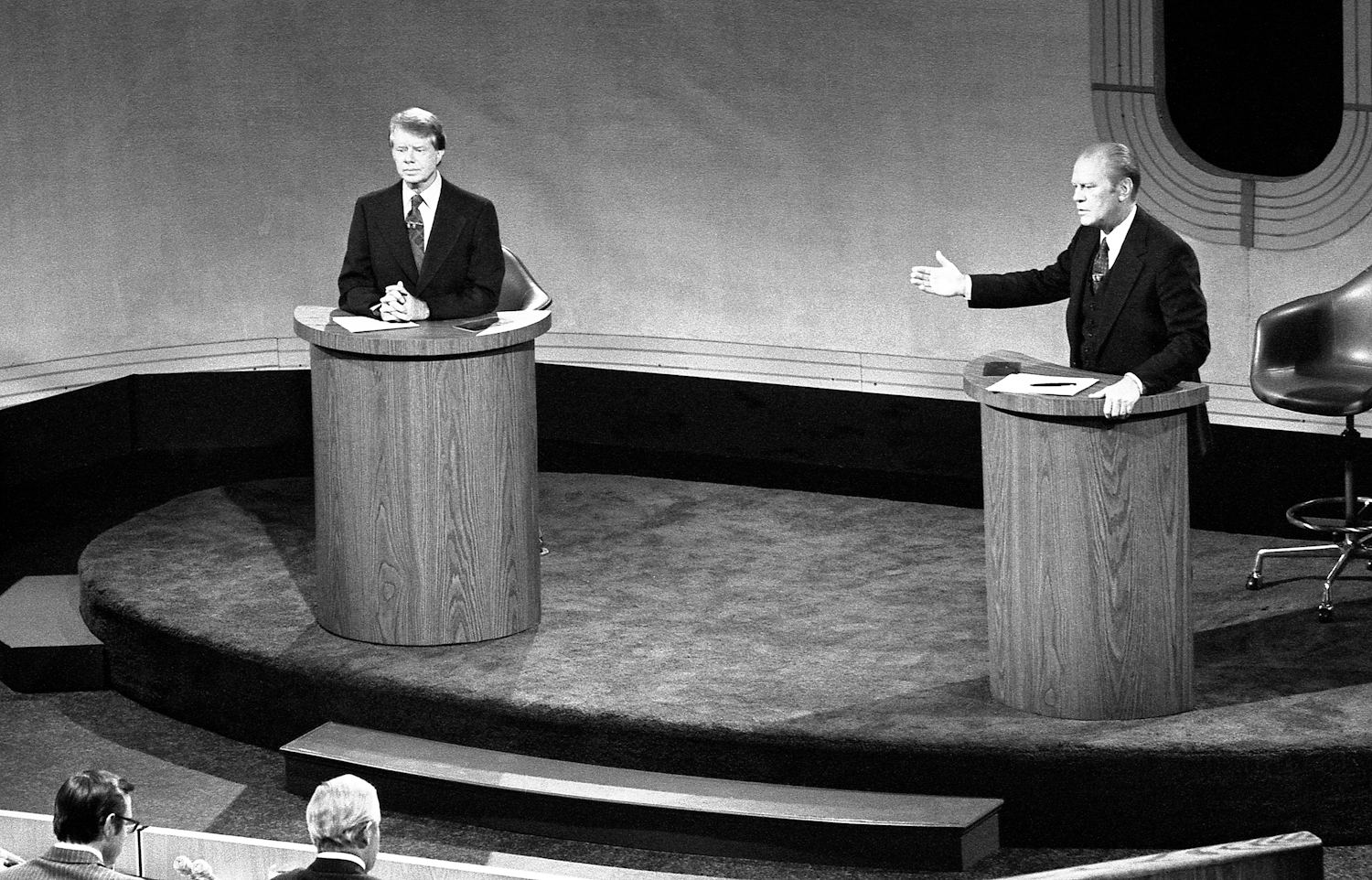 President Ford and Jimmy Carter meet at the Walnut Street Theater in Philadelphiato debate domestic policy during the first of the three Ford-Carter Debates, Sept. 23, 1976.