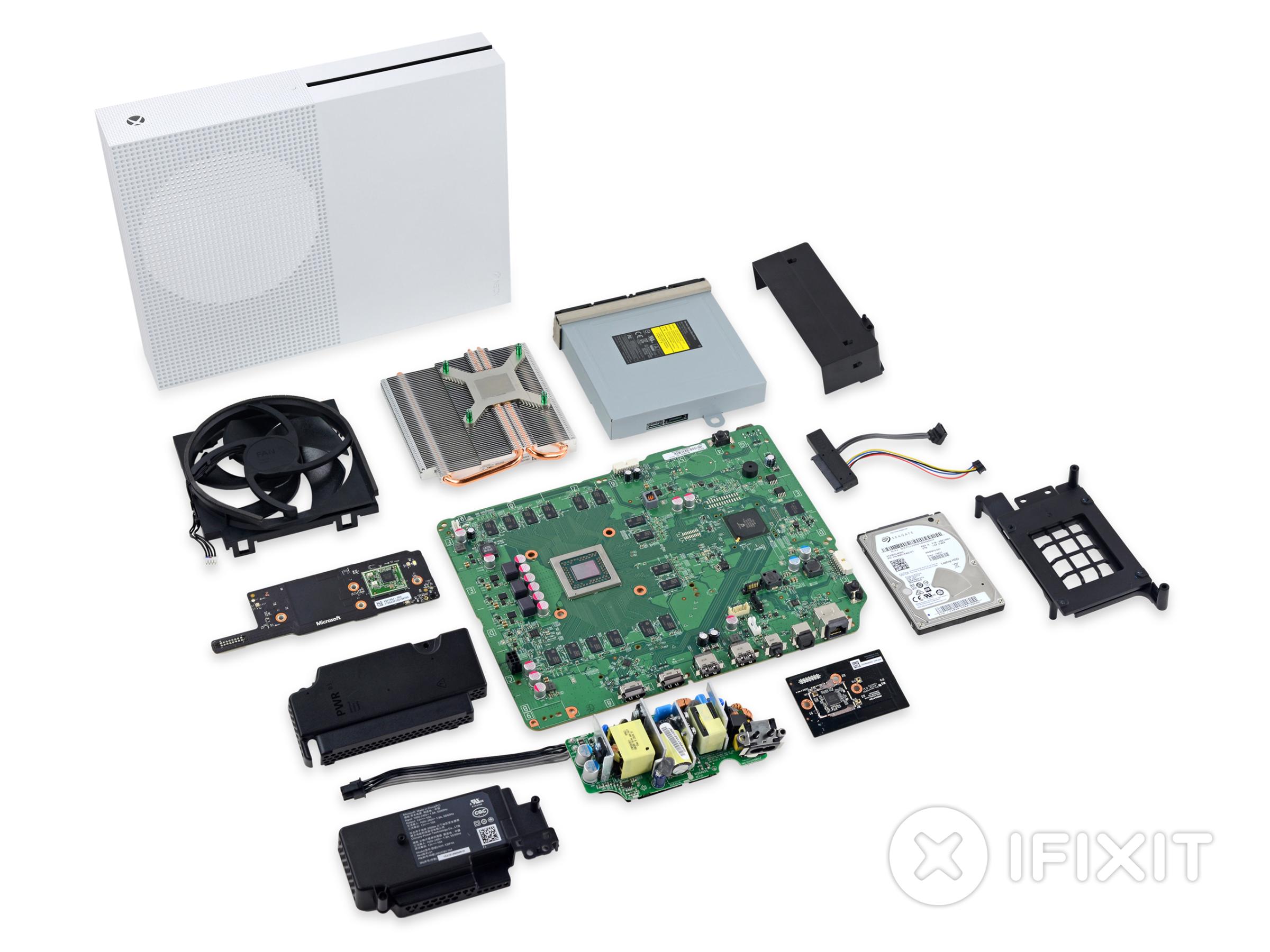 The Xbox One S entirely dismantled.