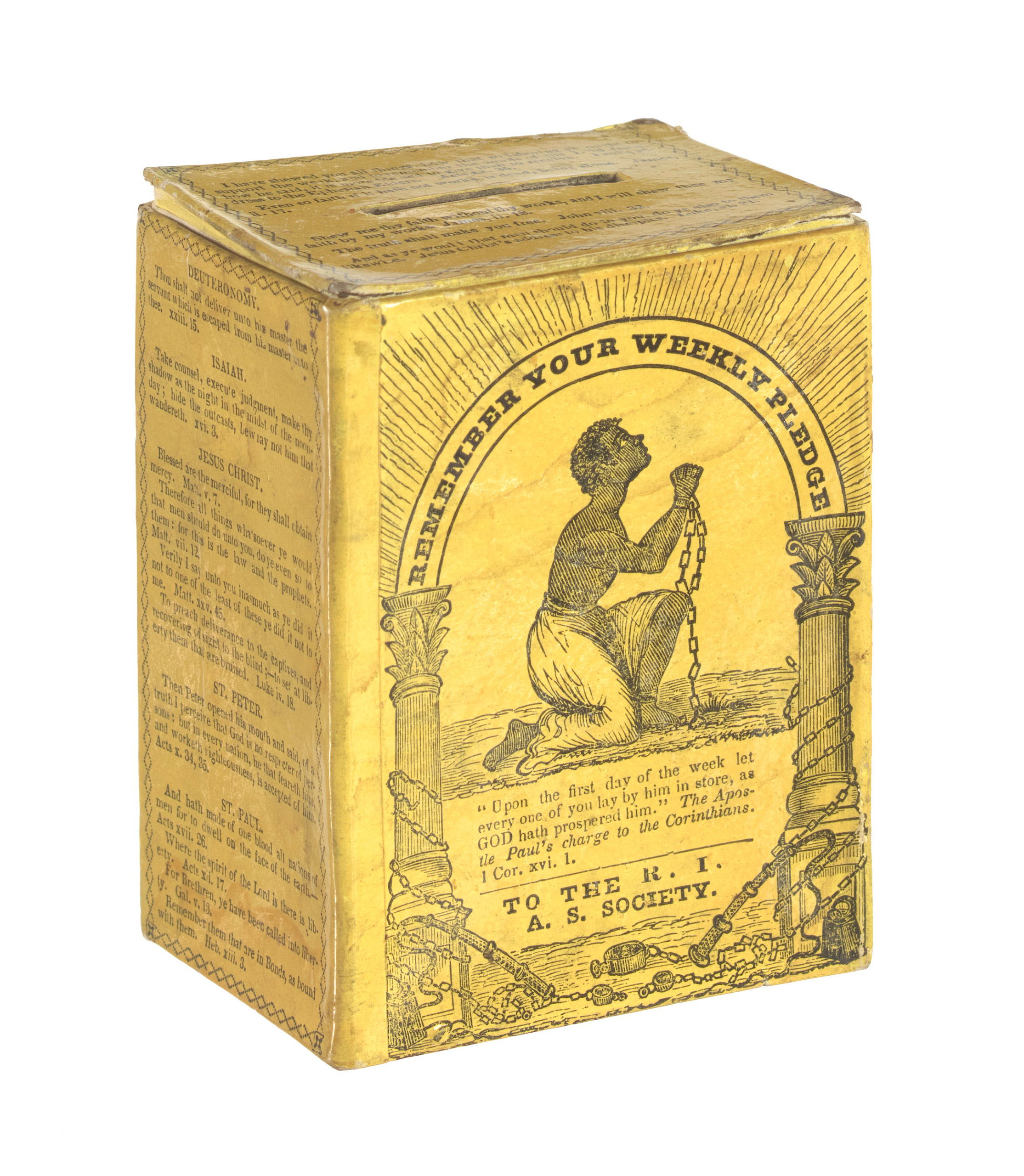 Collection box of the Rhode Island Anti-Slavery Society, owned by Garrison family, ca. 1830s - 1850s.