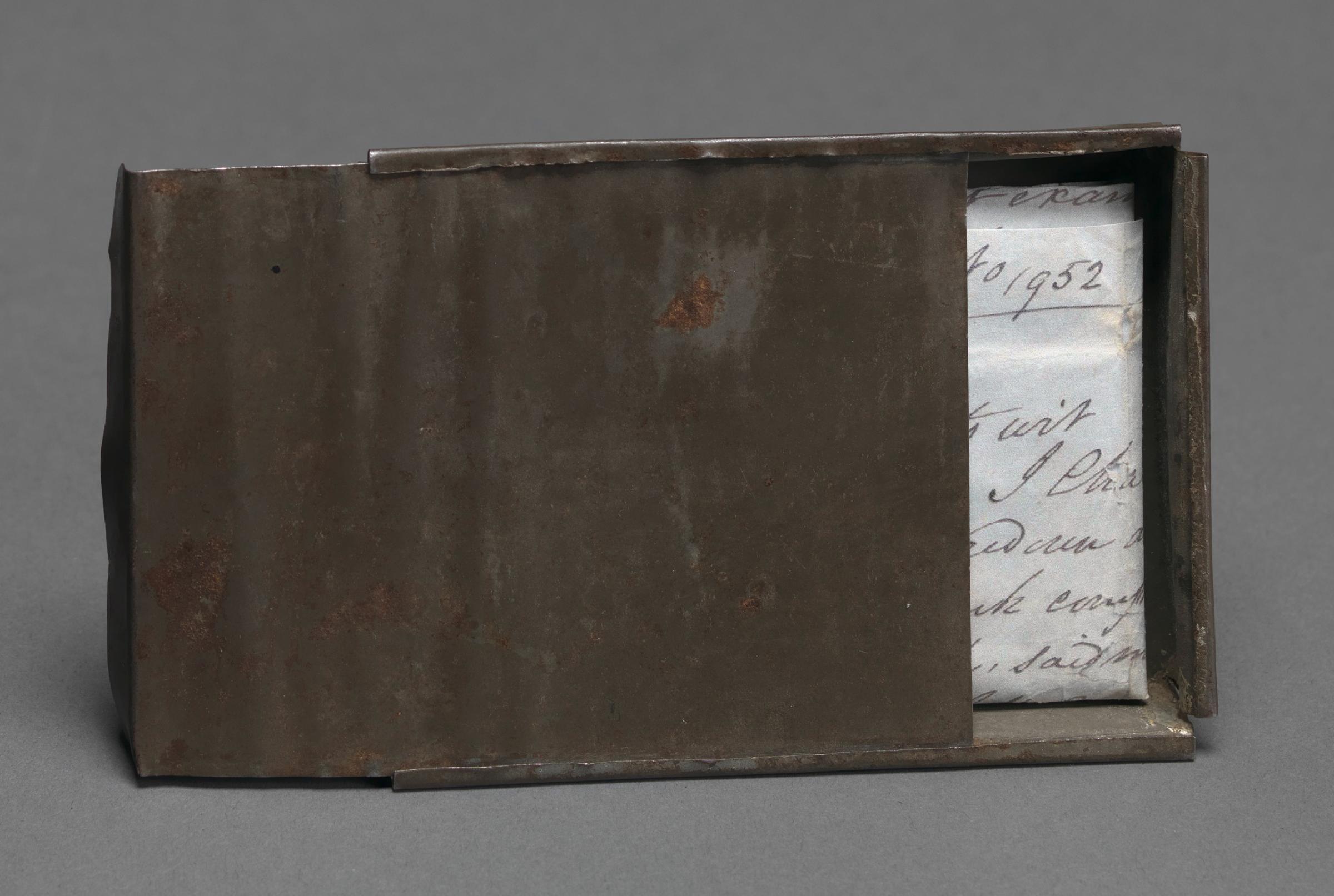 Joseph Trammel's tin box used to hold his freedom papers in 1852.
