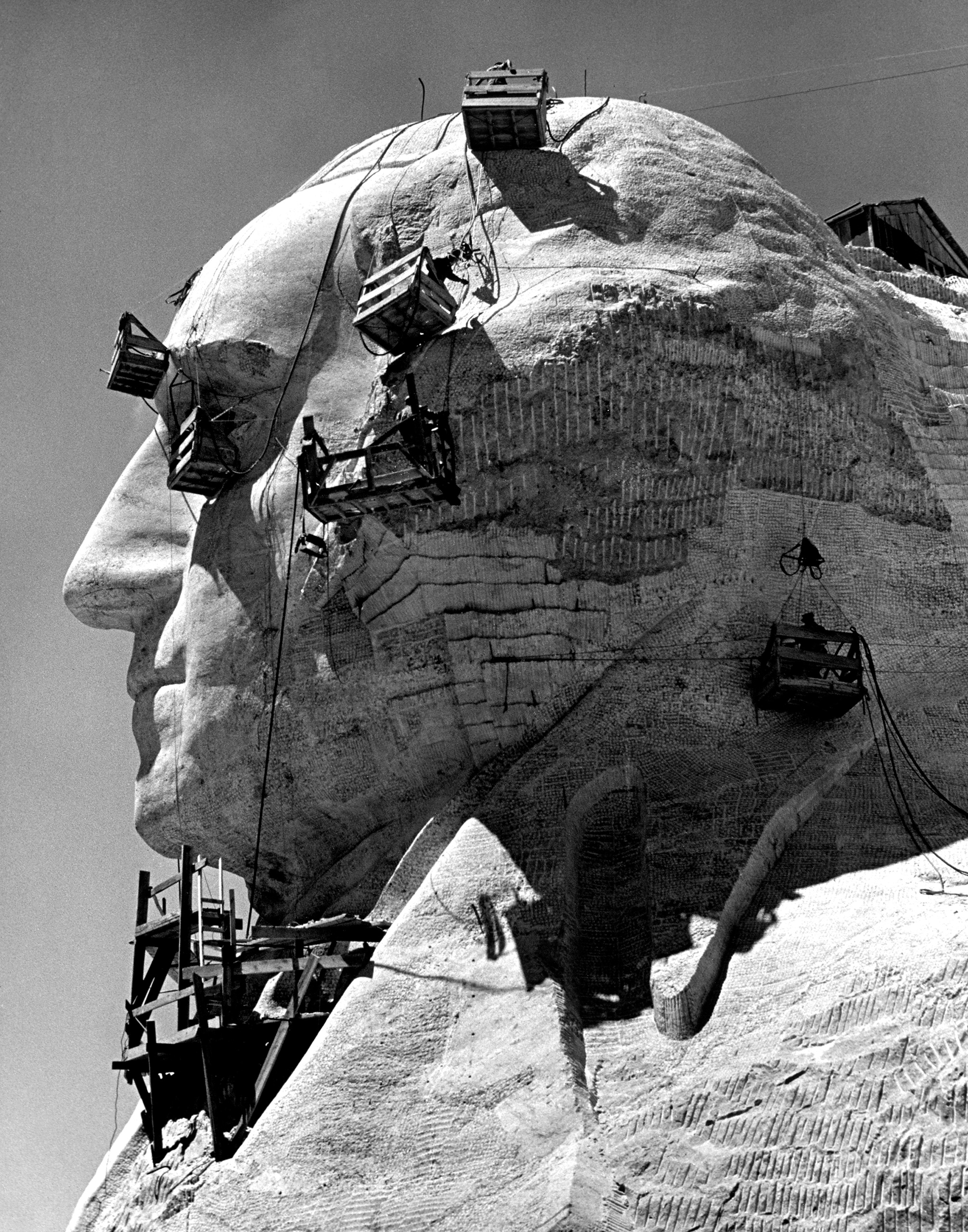 Construction of George Washington section of Mt. Rushmore Monument, circa 1941.
